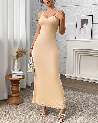 Banamic Women Long Full Slips for Under Dress Halter V Neck Slip Nightgown