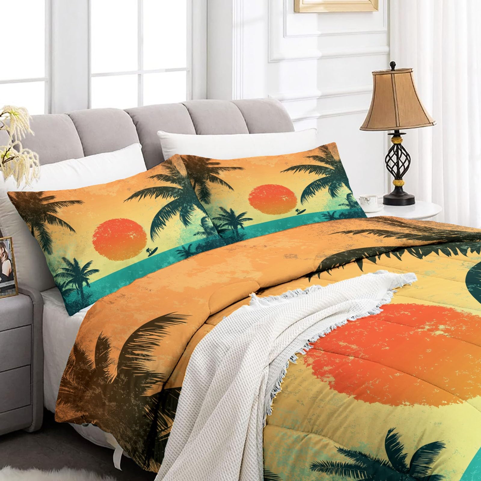 Retro Sunset Palm Tree Duvet z mikrofibry, kołdra na łóżko 2-osobowe 135x200 cm, wszystkie 4 pory roku i zima na łóżko, 2 poszewki na poduszki, kolor pomarańczowy