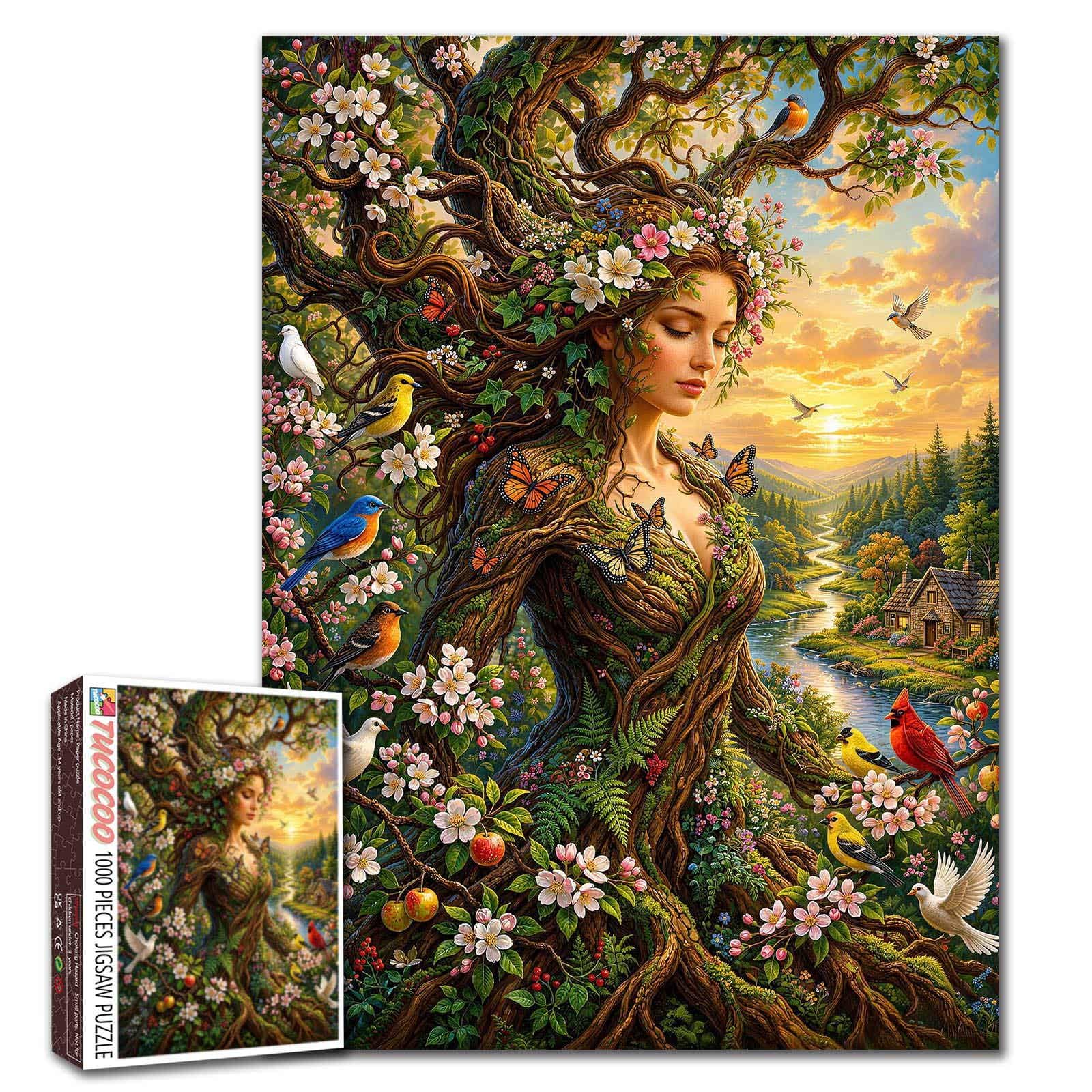 Flower Goddess Puzzle Mother Nature Jigsaw 1000 Pieces for Adults Tree of Life Puzzles Bird Butterfly Spring Forest Landscape Picture Perfect for Families Party Game Gifts — image 1