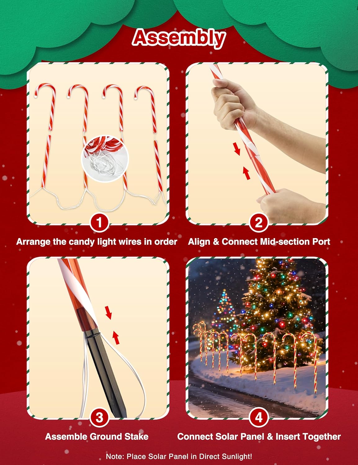 COOLWUFAN 24 Pack 28" Solar Candy Cane Path Lights Christmas Decorations, 4 Brightness Levels 264 Bright LEDs Waterproof Pathway Markers with Stakes for Outdoor Yard Garden Walkway Xmas Holiday Decor - Image 6