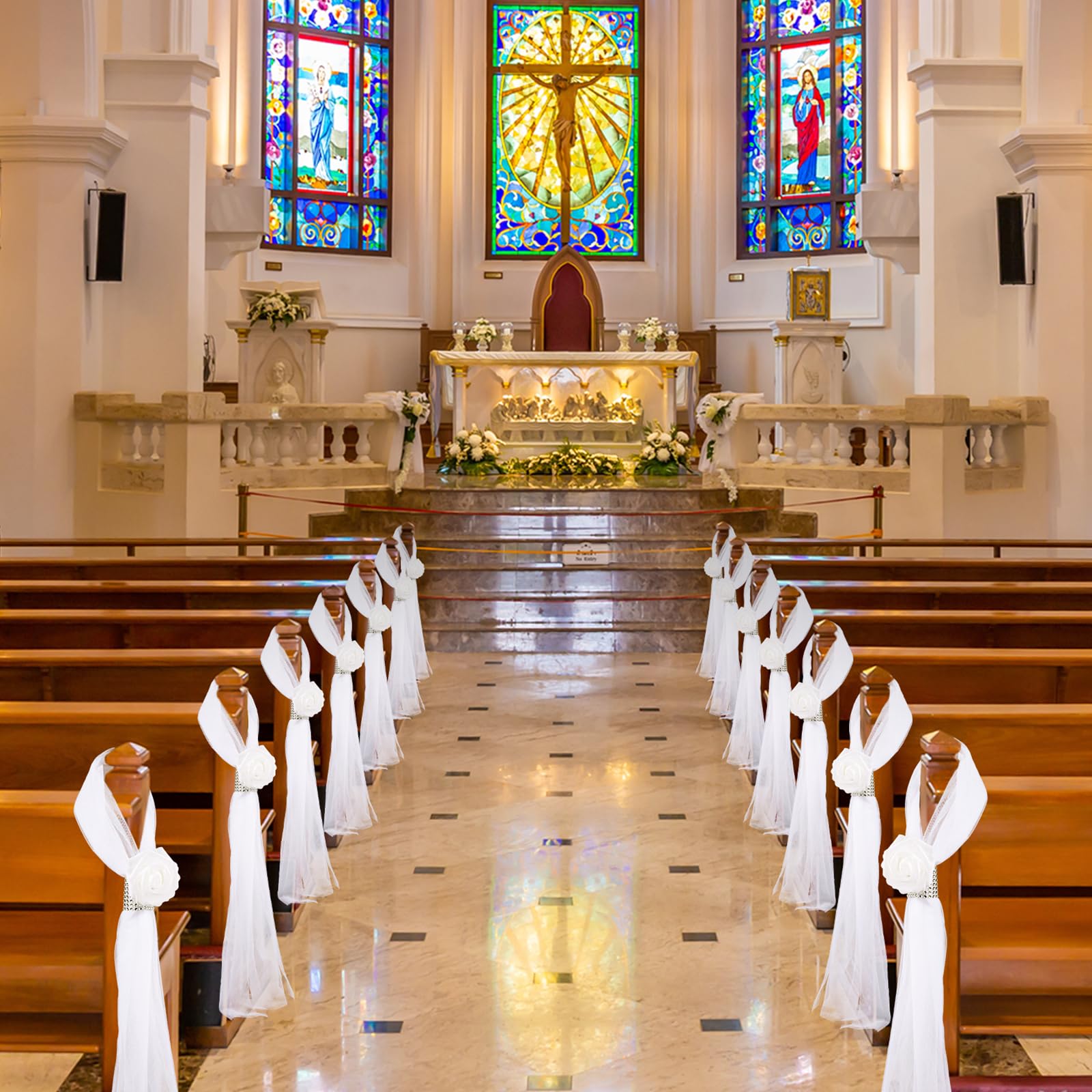 Olgaa Hochzeits-Gang-Dekorationen für Zeremonie, 24 Stück, Hochzeitsstuhl, Kirchendekorationen mit künstlichen weißen Rosen, Blumen, Strass, für Hochzeiten, Partys, Bank, Kirchenbänke, Gangdekoration