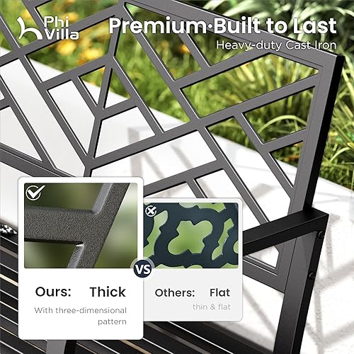 Miniatura 4 de PHI VILLA Banco de jardín al aire libre con marco de acero fundido de 43 pulgadas, muebles de patio, respaldo con diseño de línea, asiento de