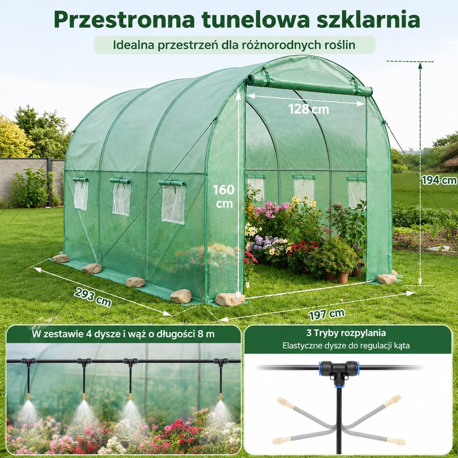 Tunelowa szklarnia wejściowa, ocynkowana stalowa rama, osłona PE, rolowane drzwi na suwak, 6 okien, system nawadniania, 4 mosiężne dysze, 3 tryby, uprawa zewnętrzna