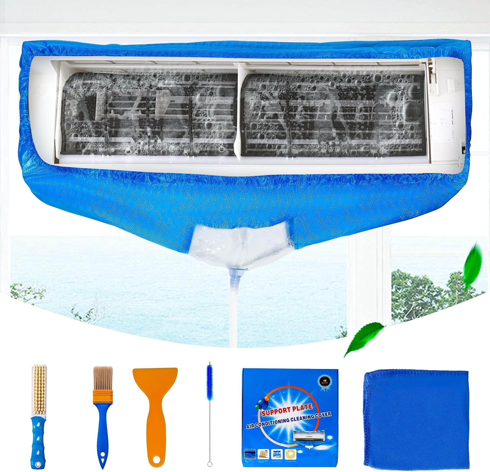 Split Air Conditioner Cleaning Cover Waterproof Air Conditioning Service Bag with Drainpipe and Support Plates Wall Mounted Dust Washing AC Clean Protector Kit, Blue