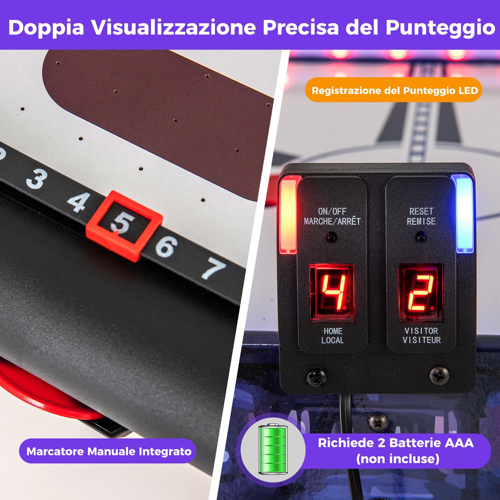 COSTWAY Air Hockey da Tavolo con 2 Spintori e Dischi, Piedini Regolabili, Tavolo da Hockey Alimentato con 12V Motore e Tabellone Segnapunti LED, Tavolo Hockey da Interno 137 x 65 x 86 cm