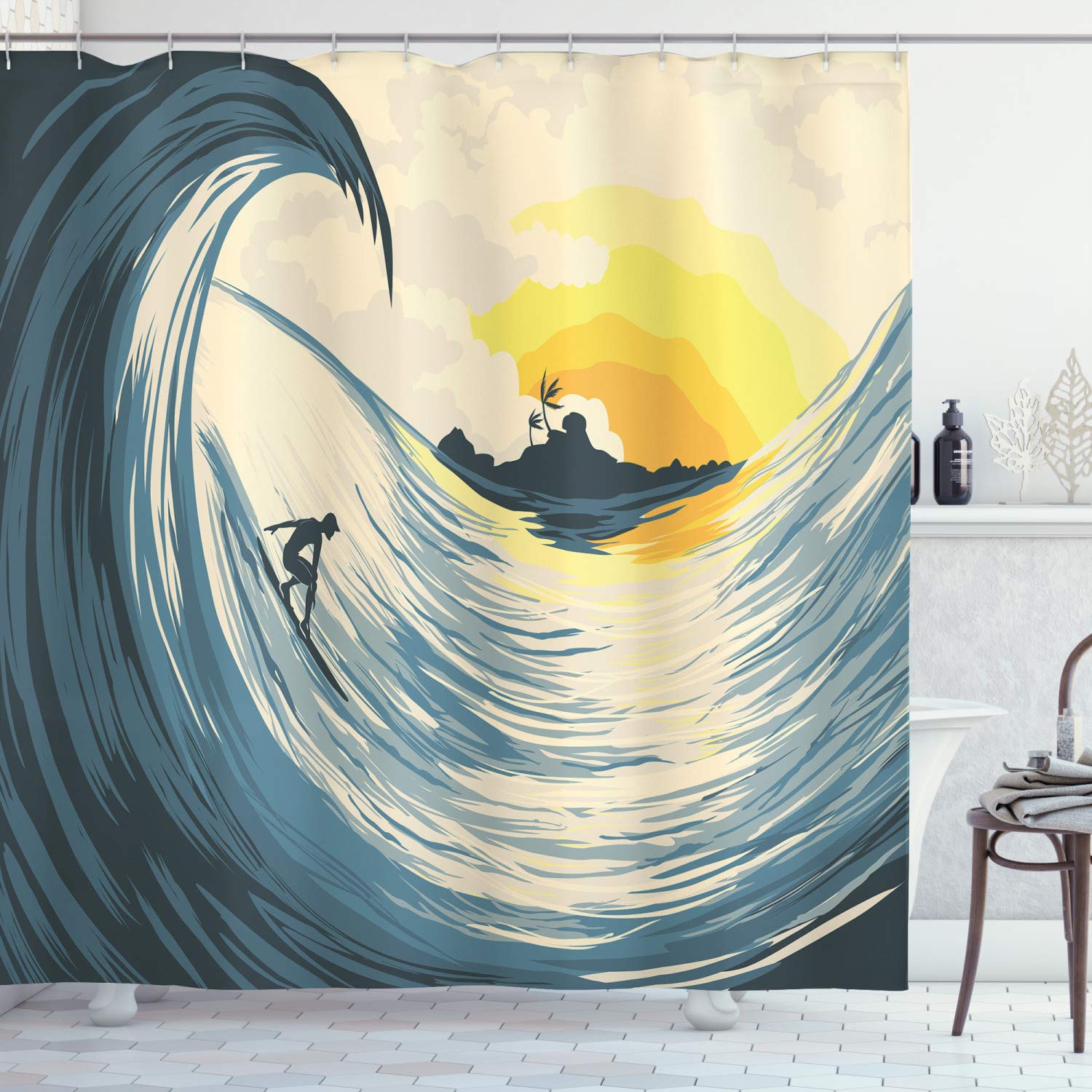 Ambesonne Ocean Shower Curtain, Illustration of Cloudy Sky Tropical Island Wave and Surfer at Sunset Seascape, Cloth Fabric Bathroom Decor Set with Hooks, 69" W x 84" L, Beige Yellow Navy