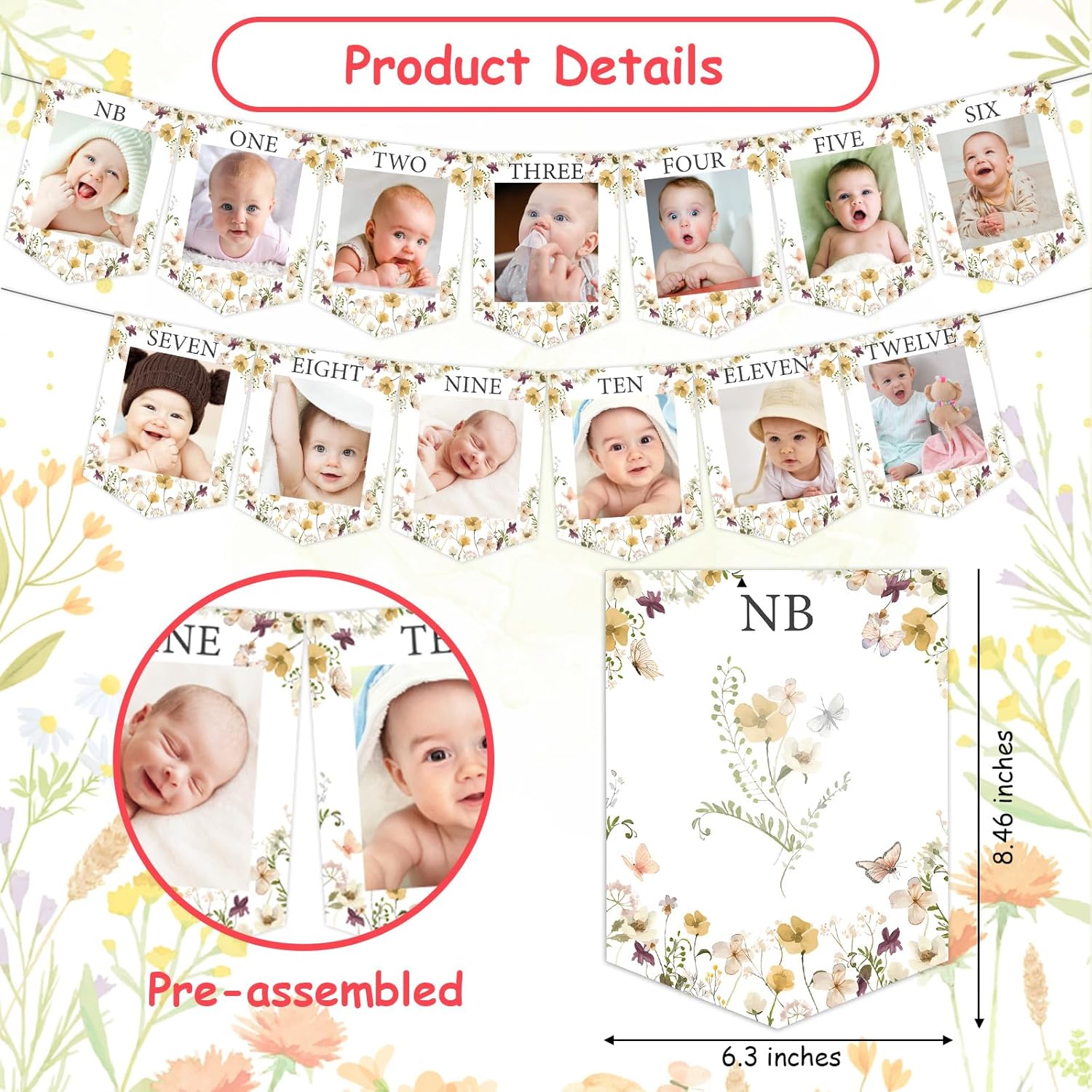 Jollyboom Wildflower 1st Birthday Decoration Girl, Floral Flower Theme Photo Banner from Newborn to 12 Months
