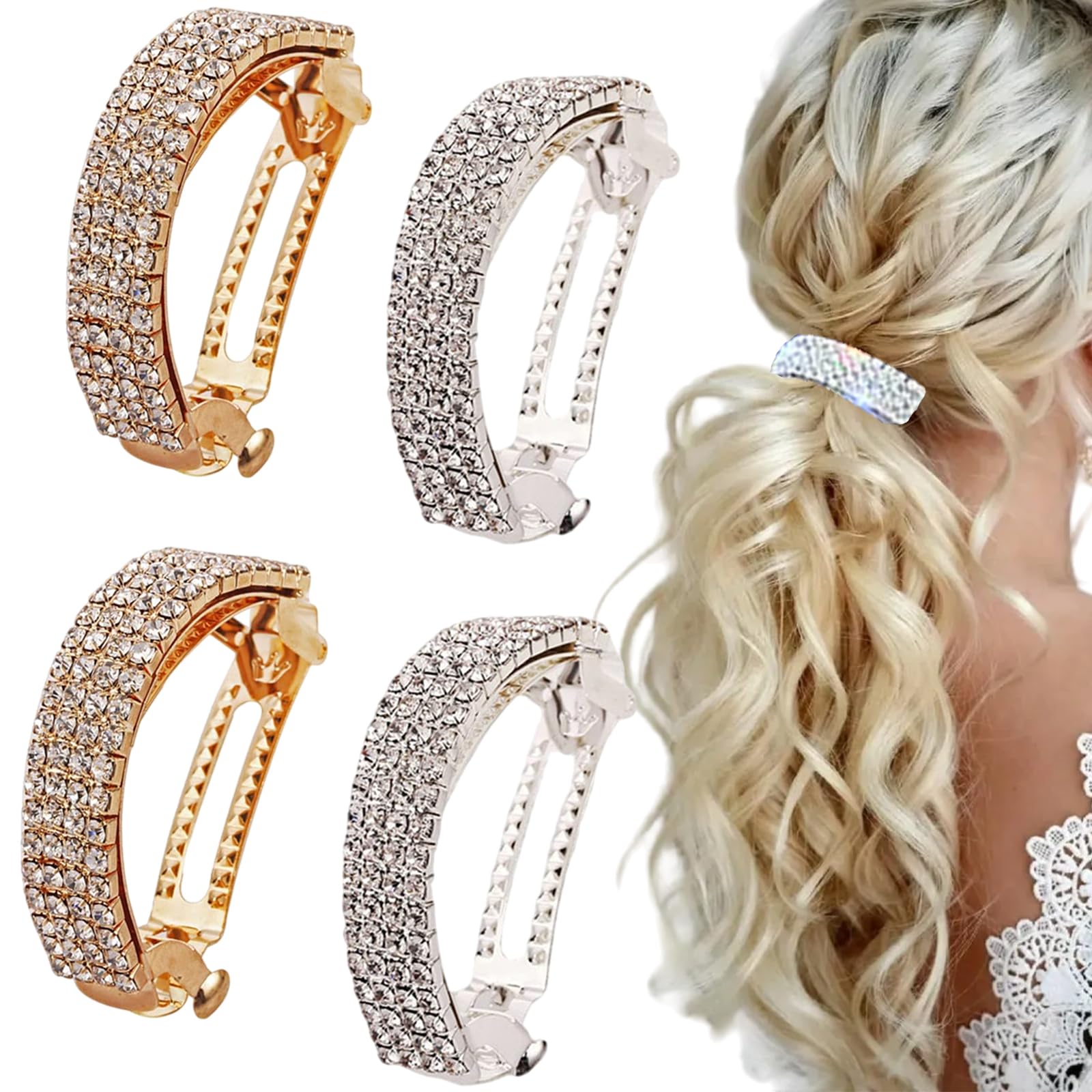 4 Pcs Rhinestone Spring Hair Clips Semicircle Gold Silver Bling Ponytail Holder Hair Holder Headband for Women Wedding Hair Accessories Birthday Gift