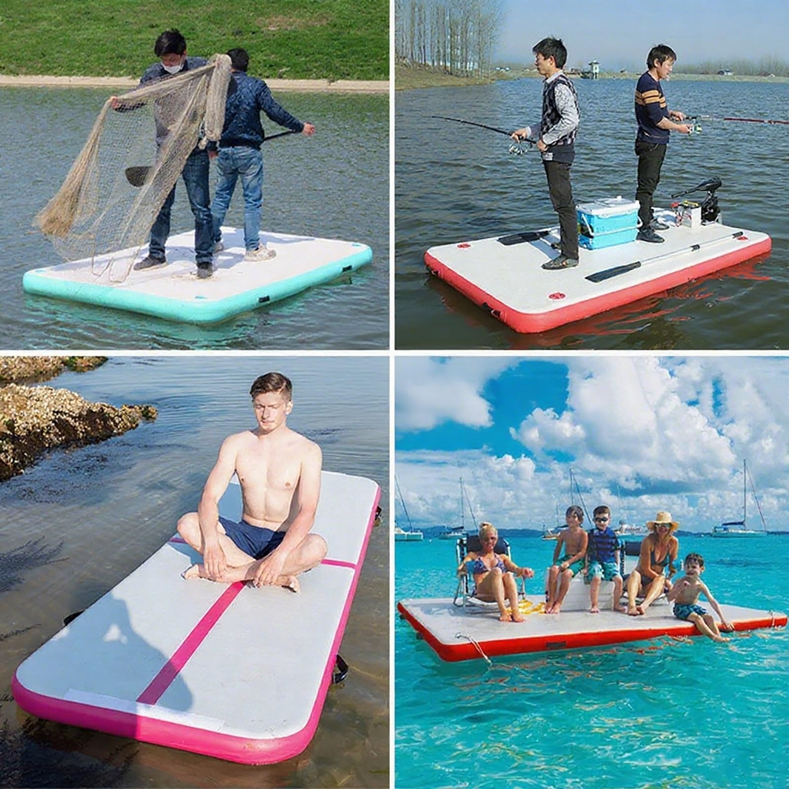 Piattaforma galleggiante gonfiabile, ampia base per acqua con superficie antiscivolo, scala rimovibile, pompa ad aria per piscina e spiaggia