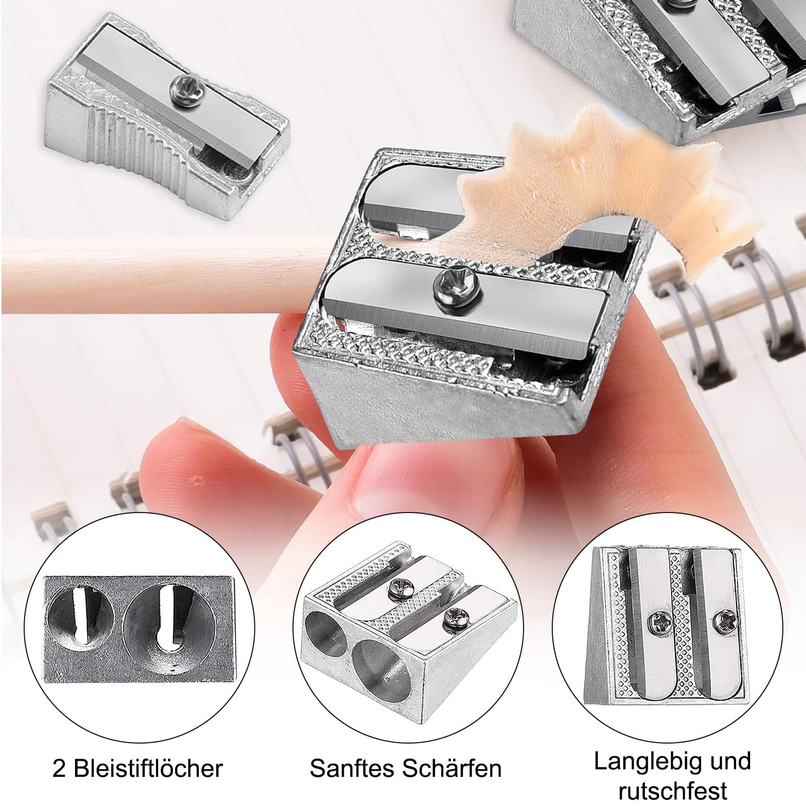 4 Mini Temperamatite In Magnesio Con Doppio Foro - Temperino A Mano In Metallo Per Matite Standard E Jumbo, Portatile E Leggero, Ideale Per Scuola, Ufficio E Artisti, Set Di Ricambio