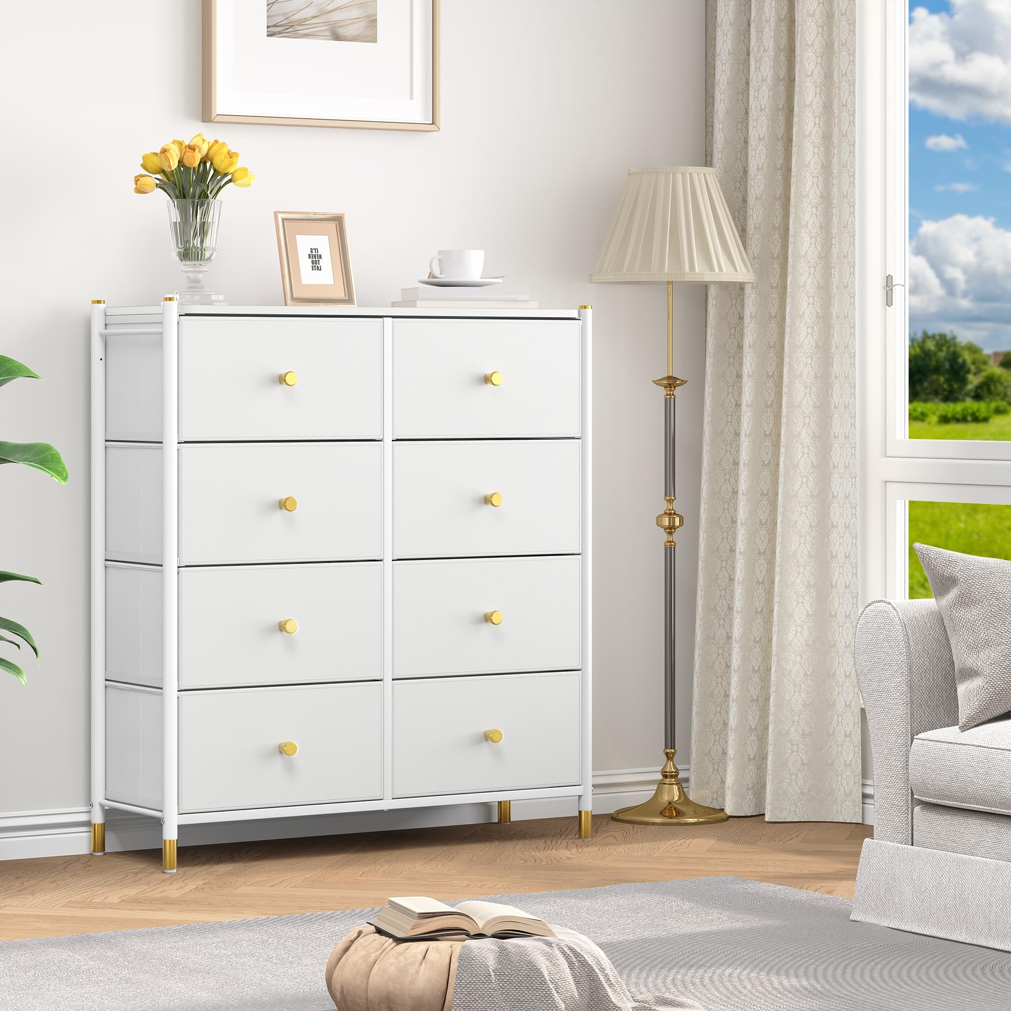 YITAHOME Cajonera para Armario, Cuero PU, Cómoda Dormitorio 8 Cajones, Cajones de Tela con Parte de Madera, Cajas organizadoras para armarios, Dormitorio, Pasillo, Blanco