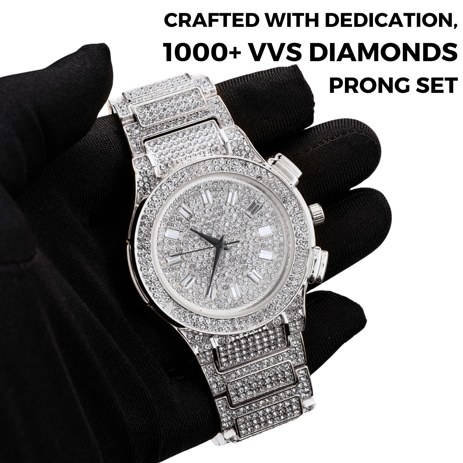 HALUKAKAH Reloj con Diamantes Moissanite para Hombre - Regal - Chapado en Oro Real 18K/Oro Blanco Platino,Esfera Redonda Grande con Números Romanos,Correa de 21,5cm - Caja de Regalo Incluida