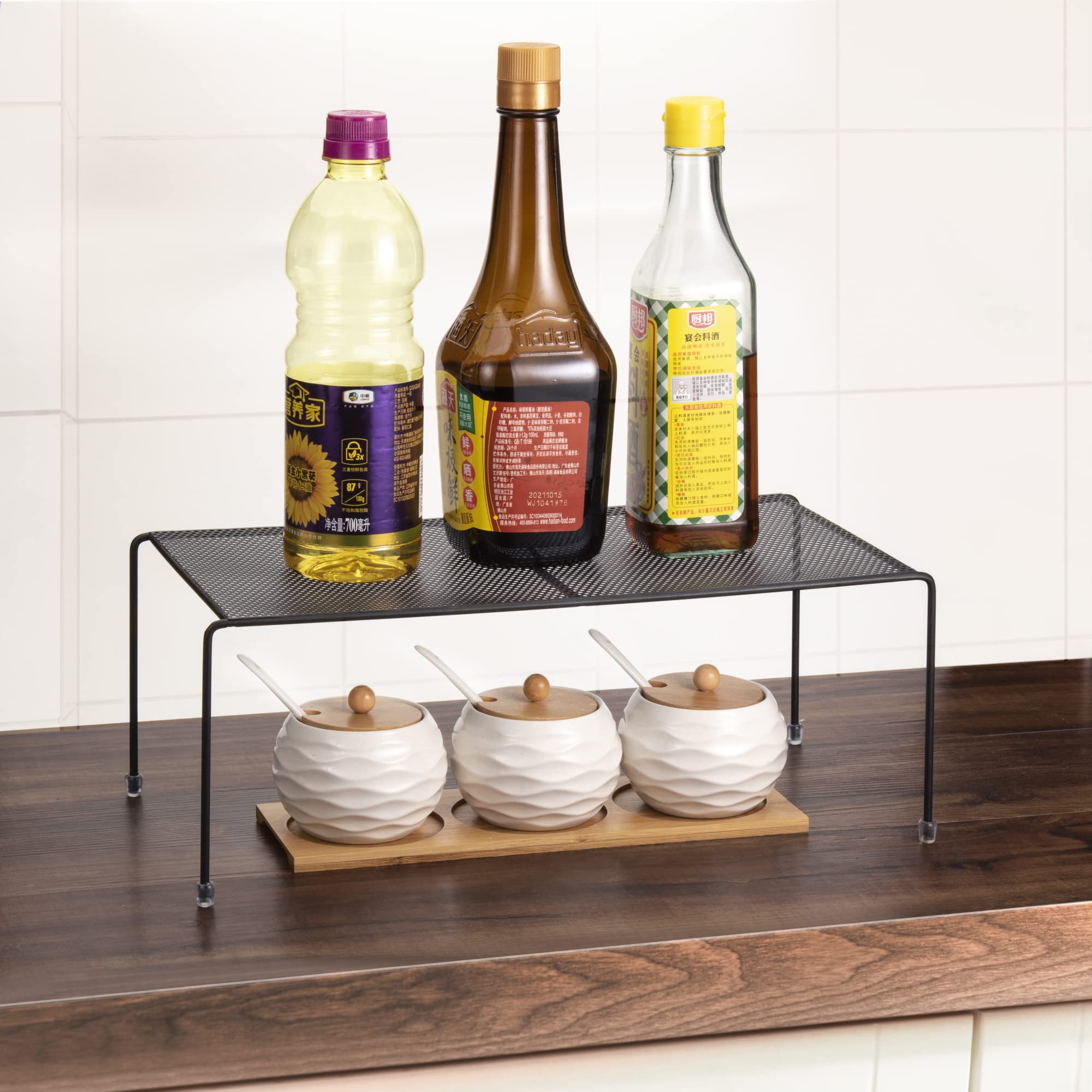 Lonian Organizer per Armadietto da Cucina, Set da 4 Mensole Impilabili in Metallo Robusto, Scaffale per Ripiano con Piedini Antiscivolo, Nero