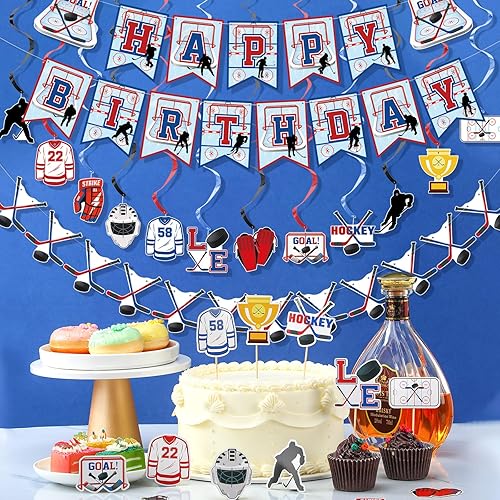 Miniatura 5 de 27 piezas de suministros de fiesta de cumpleaños de hockey bola de hielo, regalos de fiesta de hockey para cupcakes, remolinos colgantes,