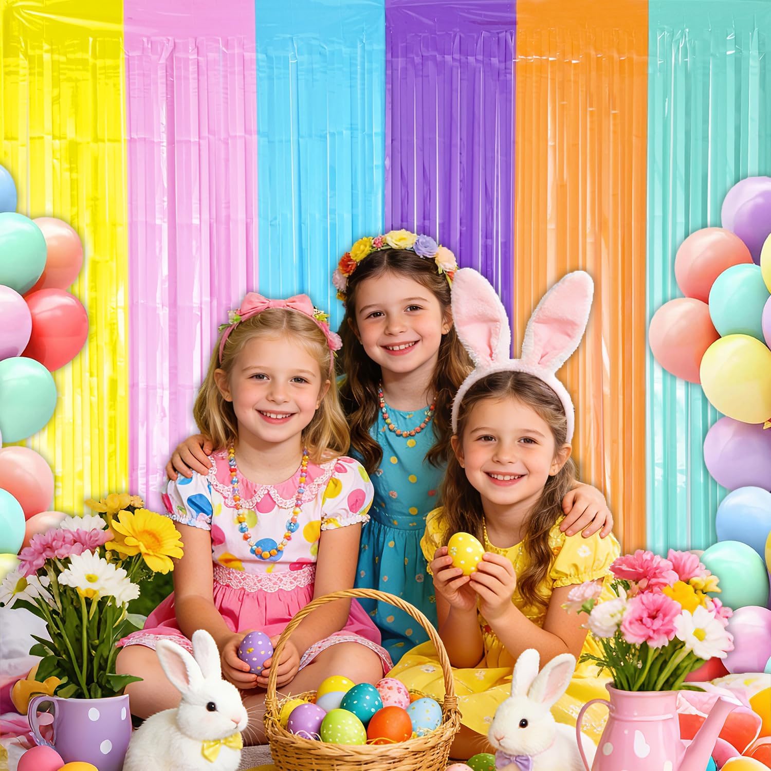 Pastel Foil Fringe Curtains Backdrop Birthday Party Decorations, 4 Pack 3.28 x 6.56 Ft Colorful Tinsel Streamer Banner Photo Booth Props for Easter Unicorn Themed Ice Cream Donut Sweet Party Decor