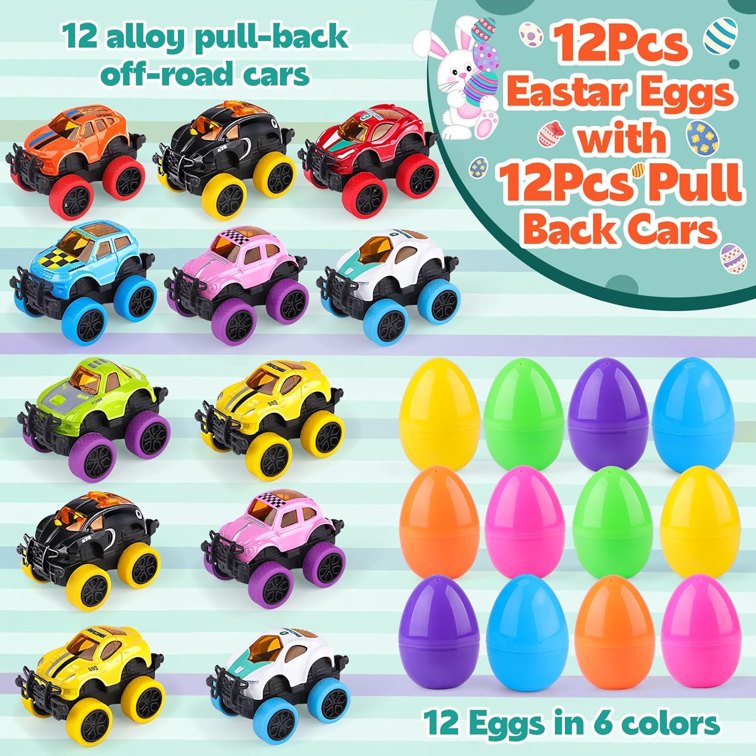 nicknack 12Pcs Prefilled Easter Eggs with Alloy Monster Trucks for Kids Easter Eggs Filled with Pull Back Monster Cars for Easter Egg Hunt Easter Basket Stuffers Cars for Girl Boys Kids Party Favor