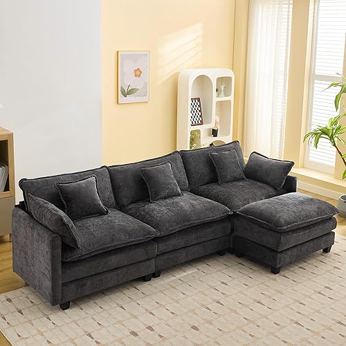 Miniatura 32 de Sofá seccional de 111'' con asiento profundo tipo nube, sofá seccional moderno y cómodo de chenilla en forma de L para juego de sala de estar, sofá