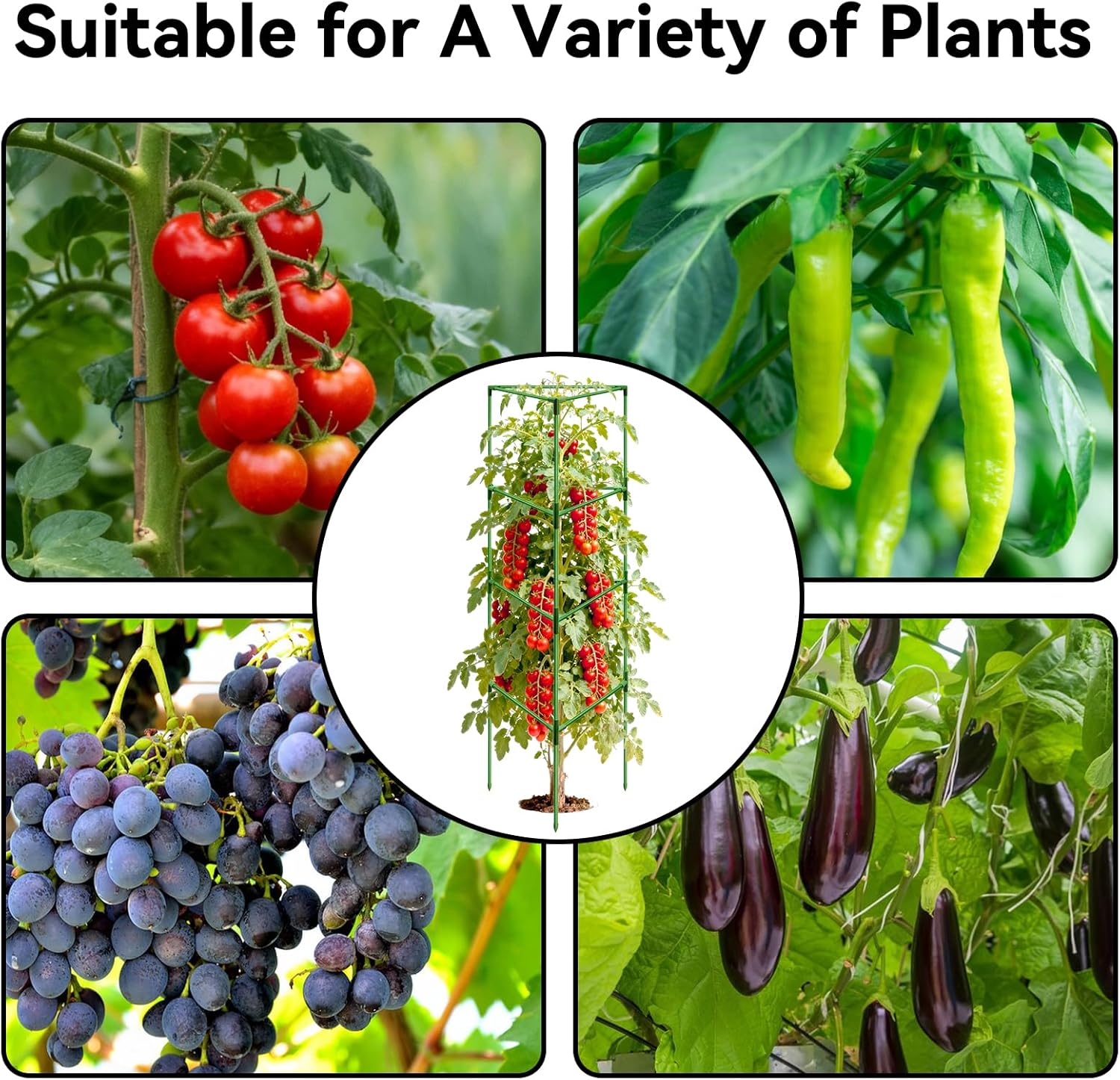 Halatool 6 Pack Heavy Duty Tomato Cages, 57 Inch Tall Metal Plant Supports Stakes for Outdoor Garden, Adjustable Foldable Steel Trellis for Climbing Plants Cucumbers Peppers Flowers Vegetables Fruits