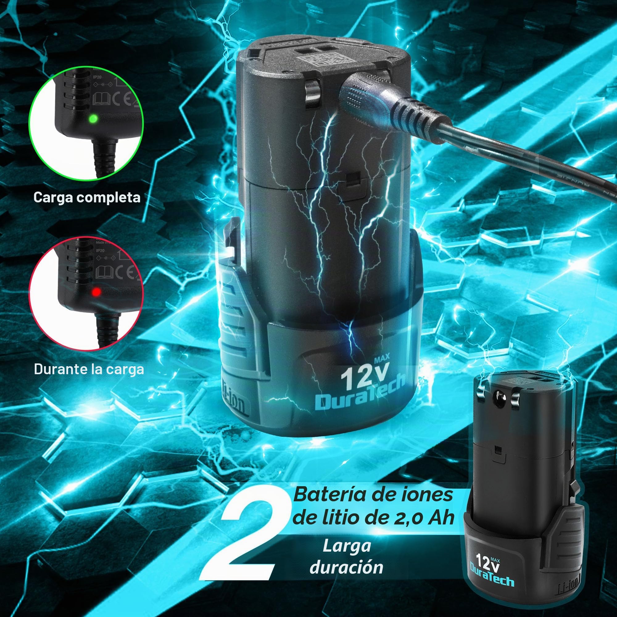 DURATECH Mini Motosierra Inalámbrica 12V con 2 Baterías y Cargador | Motosierra Eléctrica Sin Cable con Bloqueo de Seguridad para Cortar Árboles, Ramas y Arbustos en Jardinería