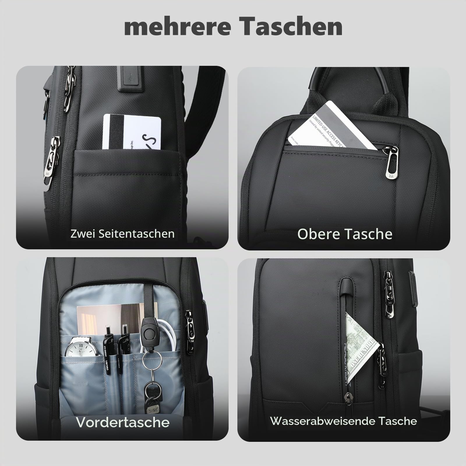 Umhängetasche Herren, Schultertaschen Slingbag mit USB | Wasserabweisende Crossbody-Tasche mit diebstahlsicherem Design, leicht und geräumig für Arbeit, Reisen und Radfahren
