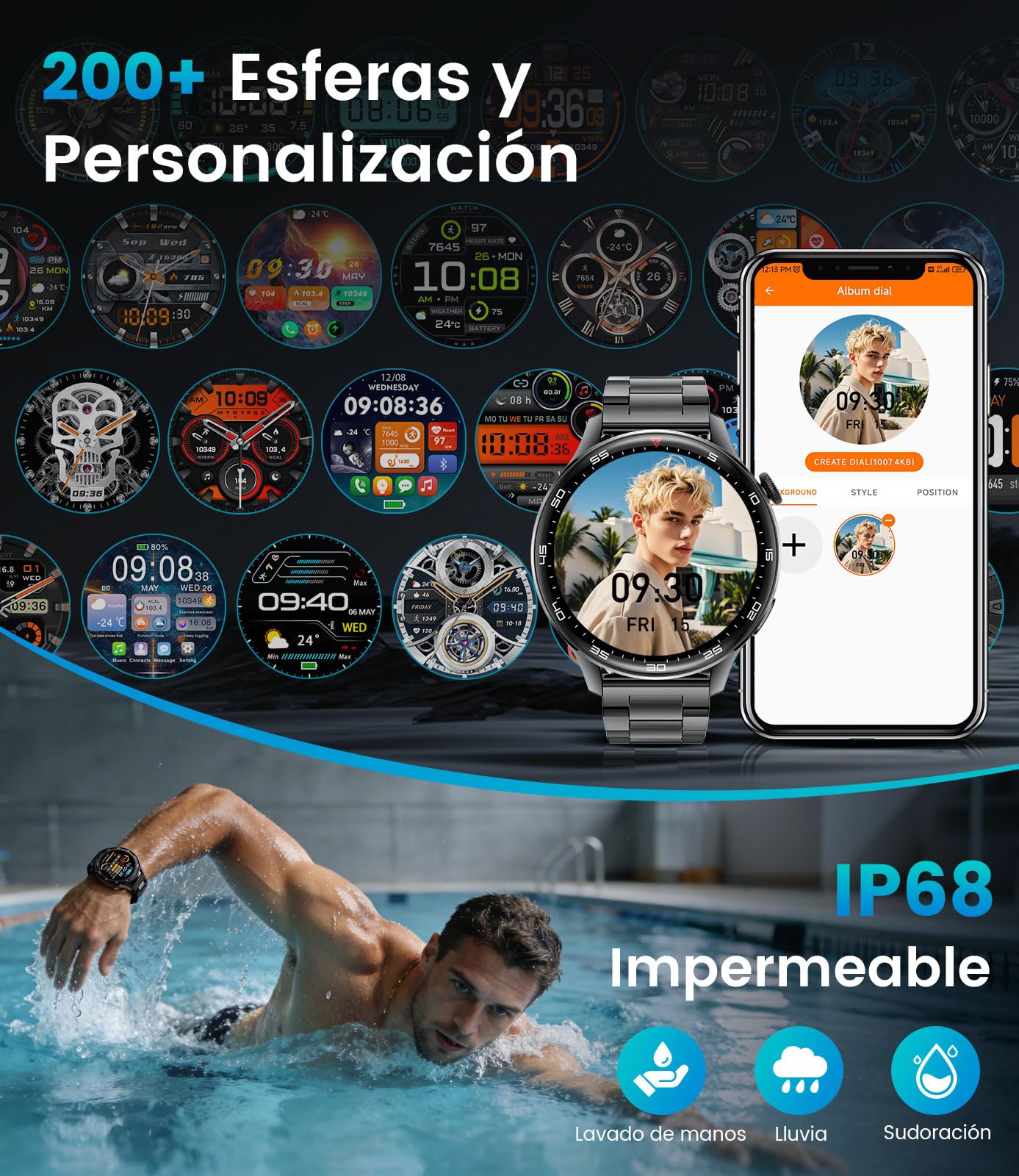 Reloj Inteligente Hombre con 800 mAh, Pantalla Táctil HD Grande de 1.7", Reloj Smart Militar con Luz LED, Función de Llamadas, IP68, 110+ Modos Deportivos Compatible con iOS/Android