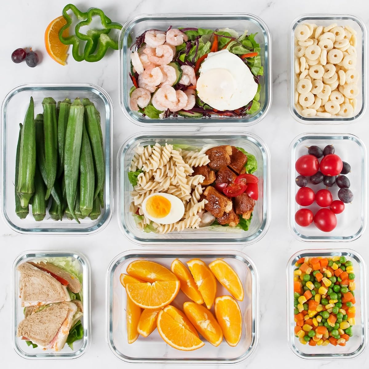 Paquete de 12 recipientes de almacenamiento de vidrio transparentes, diseño apilable, recipientes de preparación de comidas para almacenamiento de alimentos, hogar, cocina y despensa, aptos para microondas/congelador/lavavajillas