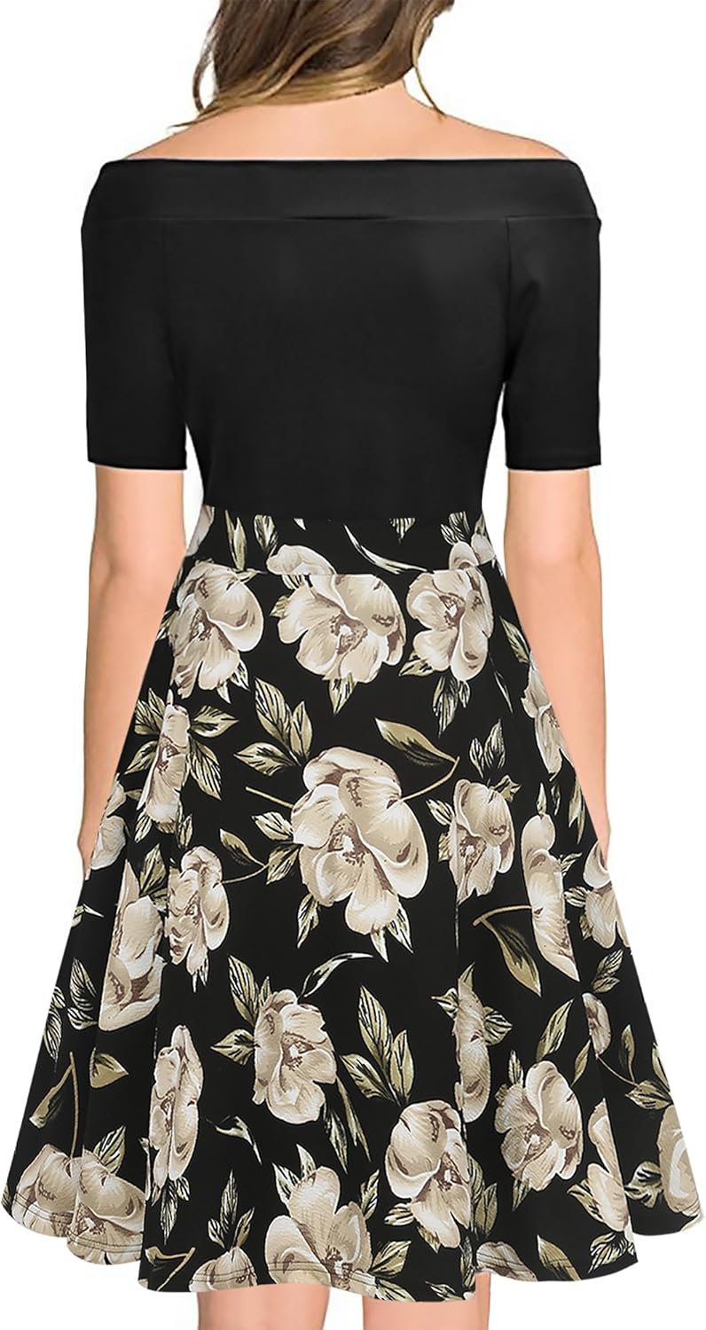 oxiuly Women's Vintage Off Shoulder Pockets Casual Floral A-Line Party Cocktail Swing Dress OX232 - Image 2
