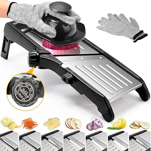 Mandoline Food slicer for kitchen, Adjustable Stainless Steel Mandoline Vegetable slicer, Food slicer Onion Potato Chip French Fry, 7 in-1 Adjustable Blade, Including 1 Pair Cut-Resistant Gloves - Gray