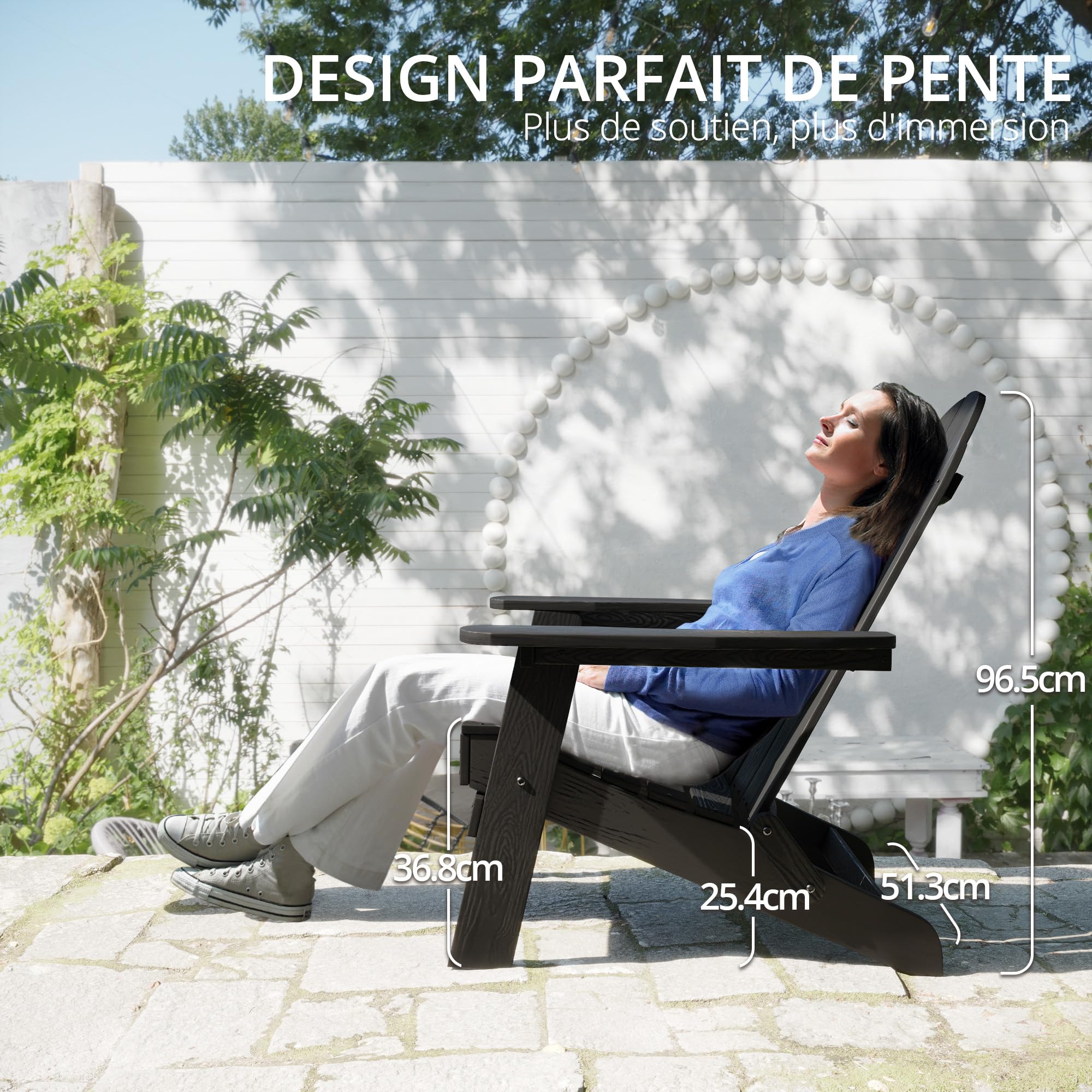 LUE BONA Chaise Adirondack Noire, Chaise de Jardin HDPS Pliable, Résistante aux Intempéries avec Porte-Gobelet, pour Jardin, Terrasse, Balcon
