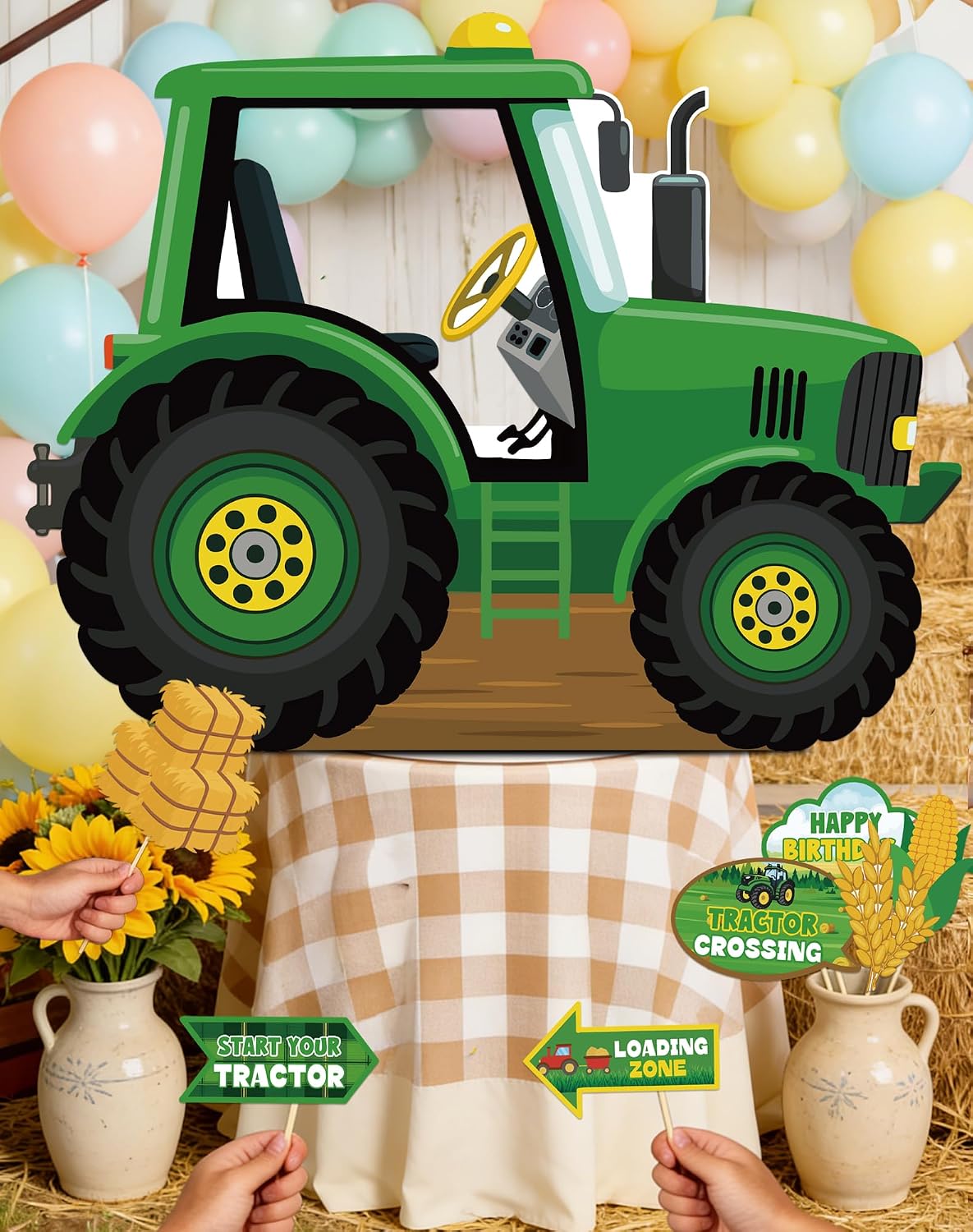 Green Tractor Photo Booth Props Set - Farm Tractor Cardstock Standee for Birthday Parties, Baby Showers and Farm Theme Photography