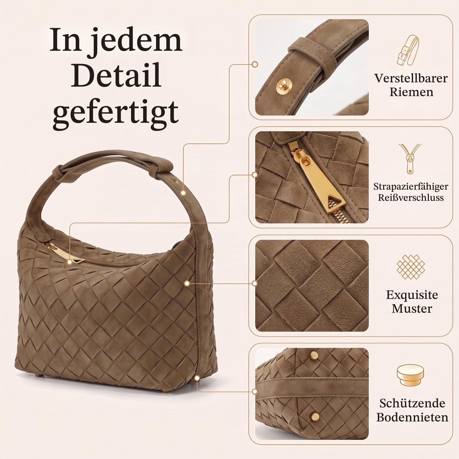 Gewebte Hobo-Handtasche für Damen, Vintage-Wildleder-Schultertasche mit verstellbarem Riemen