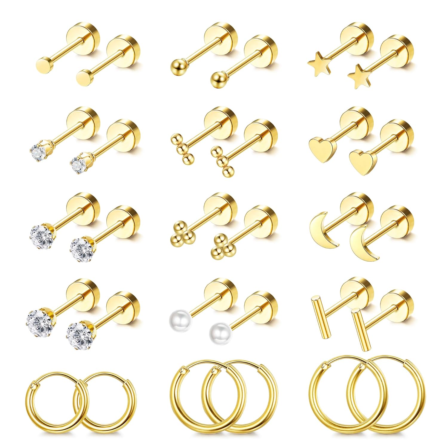 LOLIAS Small Hypoallergenic Flat Back Stud Earrings for Women Men 14K Gold Plated Surgical Stainless Steel Earring Sets