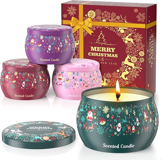 Scented Candles Gift Set, 4 Pack Christmas Aromatherapy Candles Gift Set for Women, 4.4 Oz Natural Soy Wax Candles Gift Sets for Christmas, Valentine's Day, Anniversary, Mother's Day