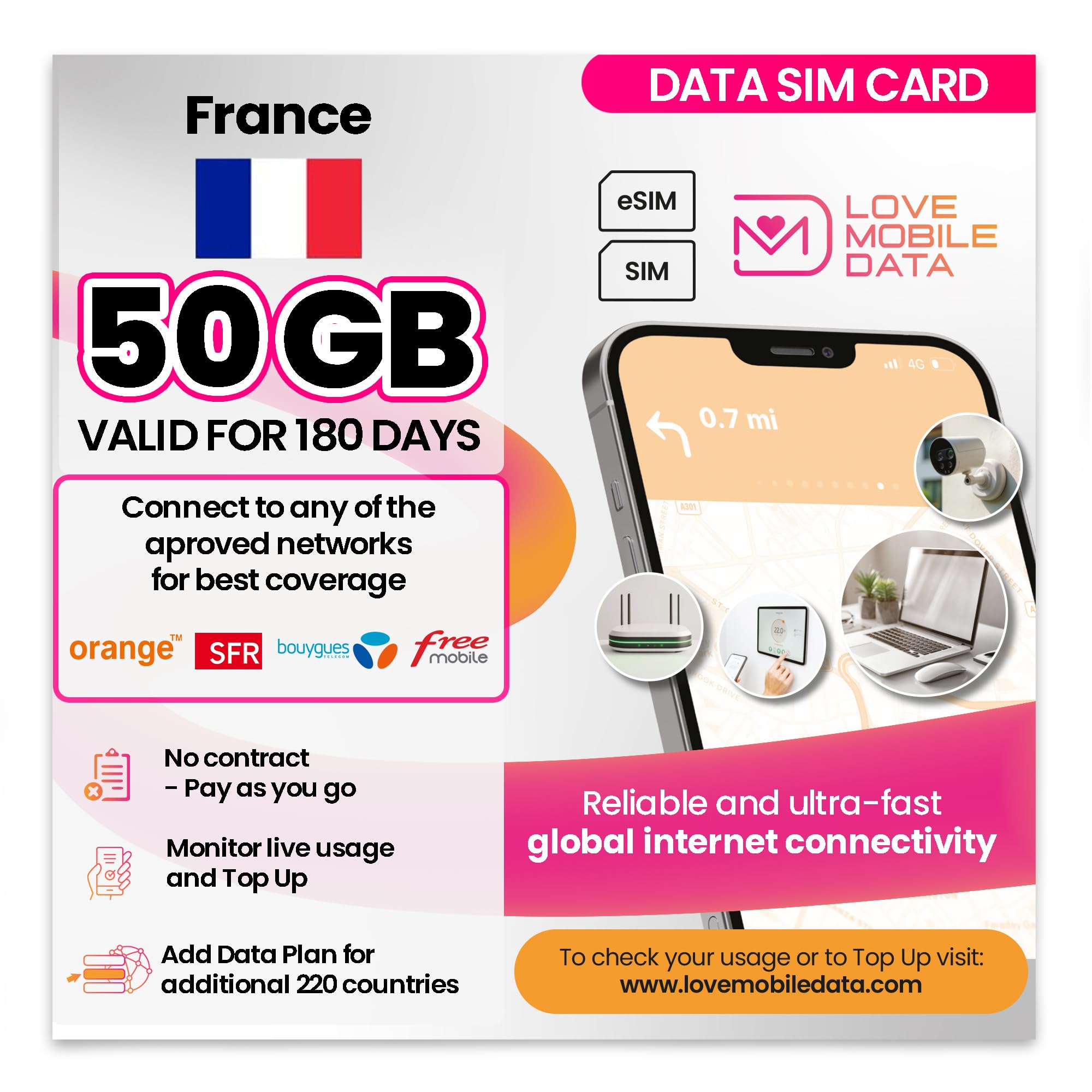 Love Mobile Data Only Sim Card - International Multi-Network 4G/5G Prepaid Pay As You Go Data Sim for Mobile Phones, WiFi Routers, & More, UK & France - 50GB for 180 Days
