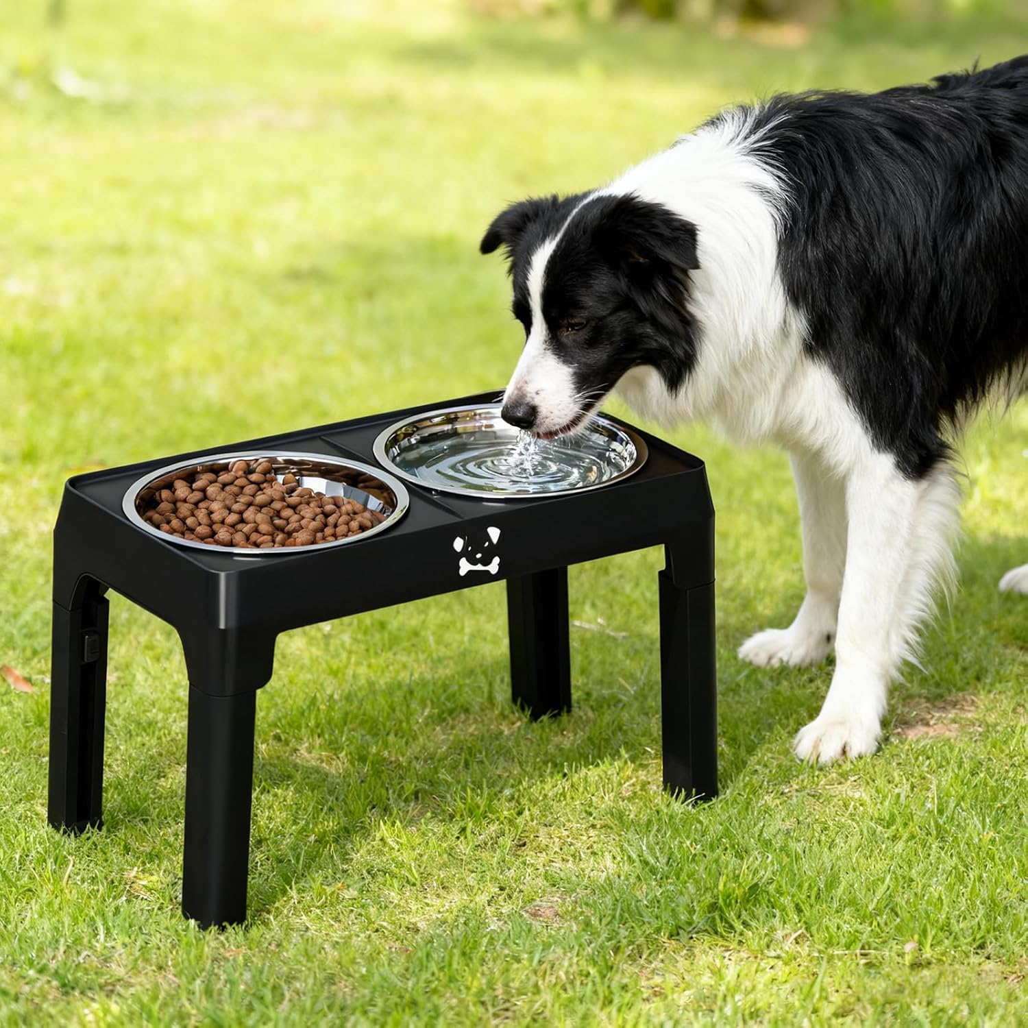 Elevated Dog Bowls Stand 5 Height Adjustable, Raised Dog Feeder with 2 Thick 50oz Stainless Steel Bowls, Non-Slip Pet Food Station for Medium & Large Breeds (Black)