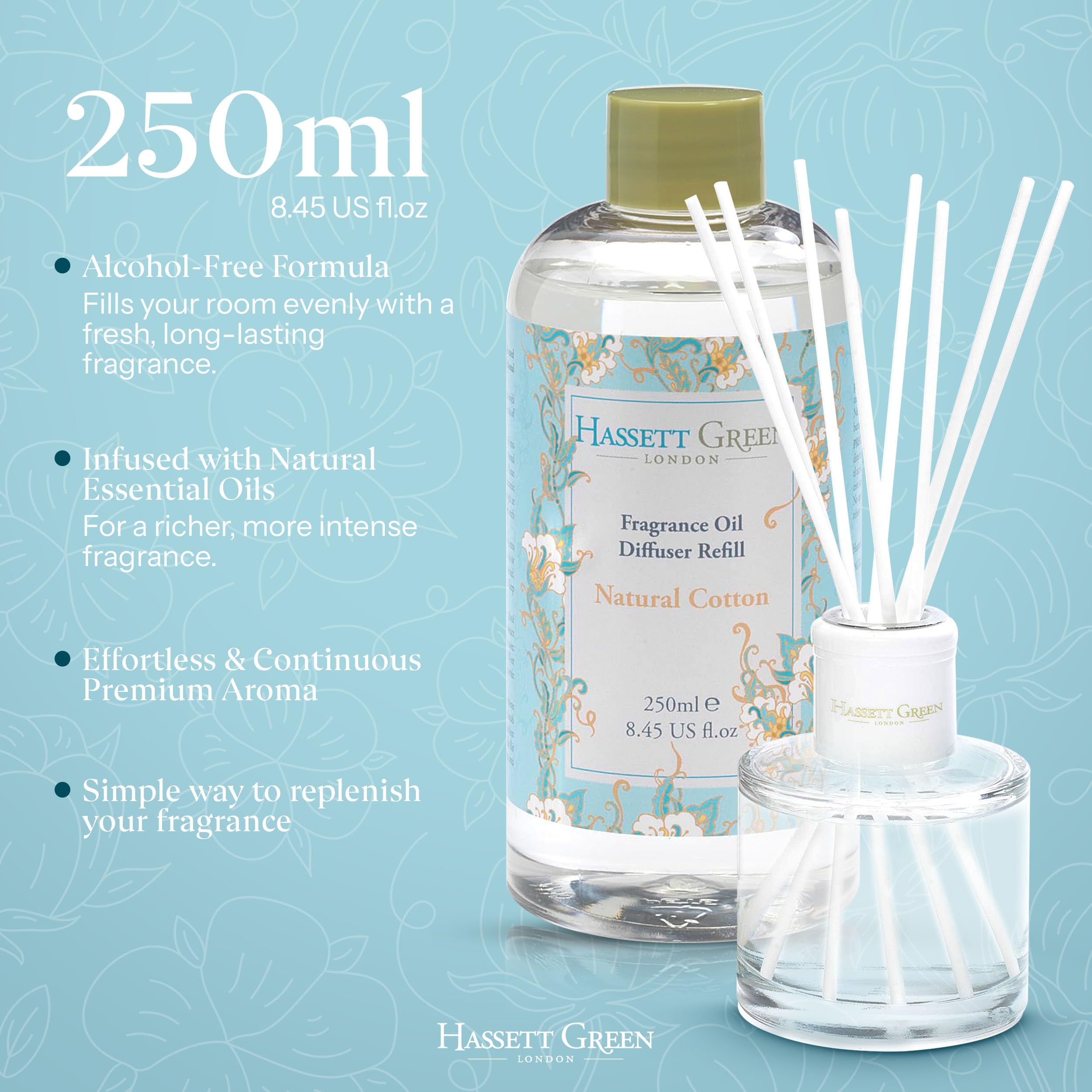 Hassett Green - Zapachowy dyfuzor z olejkiem zapachowym - butelka o większym rozmiarze 250 ml - naturalna bawełna