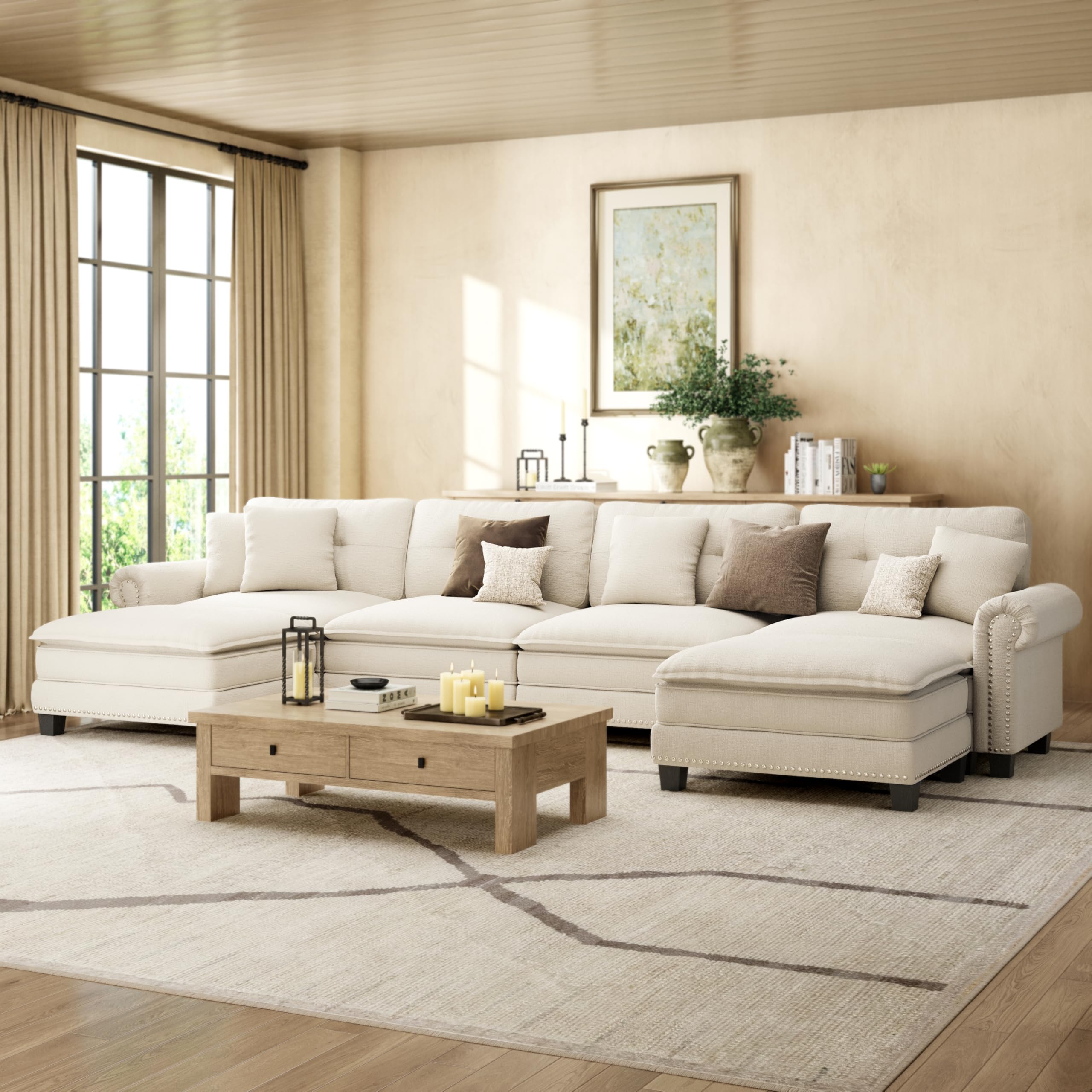 HERAS HOUSE 150 Mid-Century Modern Couch Oversized U Shaped Couches for Living Room Comfy Cloud Couch with Ottoman