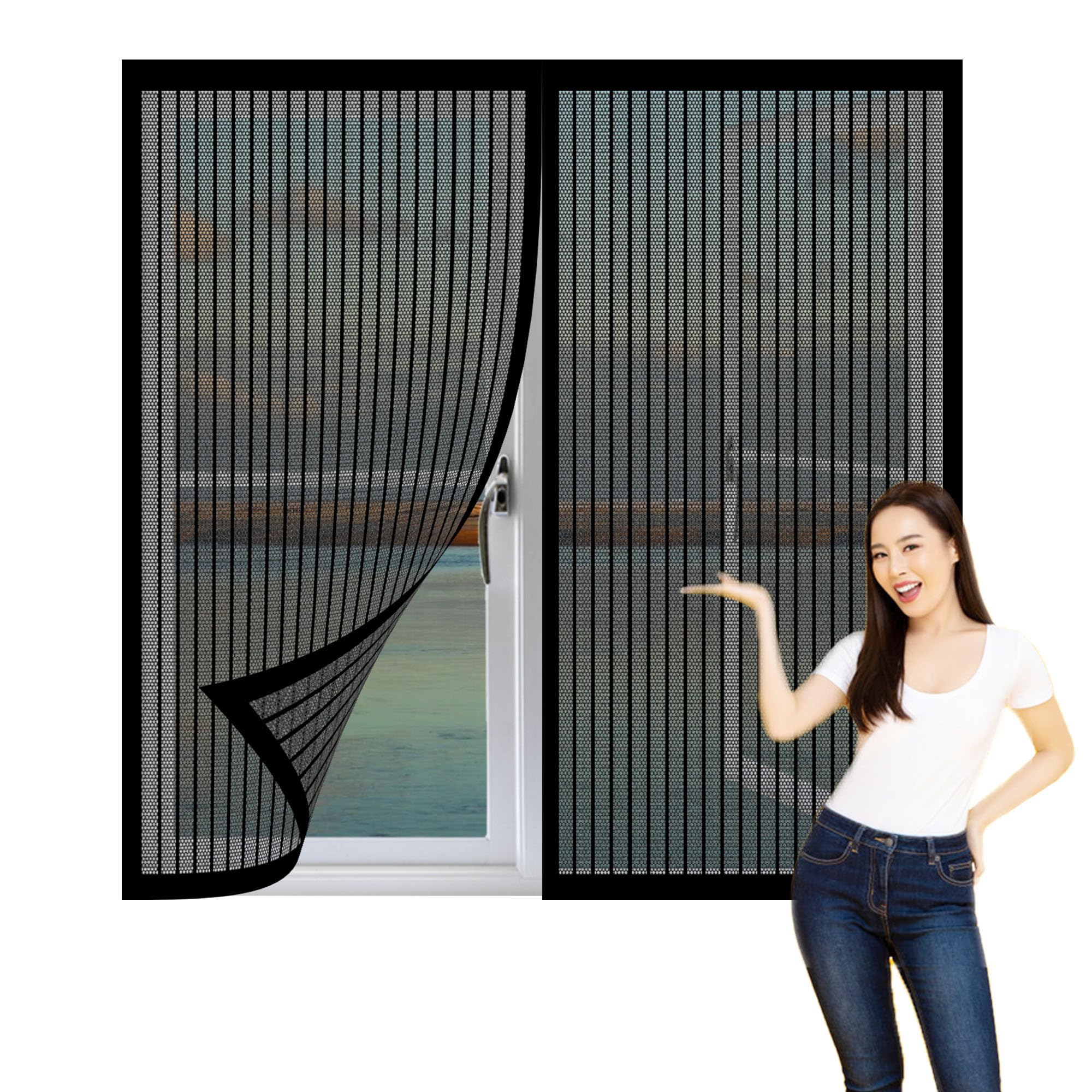 Magnetic Fly Screen Window 130 x 155 cm with Selfadhesive Magnetic Window Fly Screens Easy Installation for Windows Doors and Patio Screens, Black