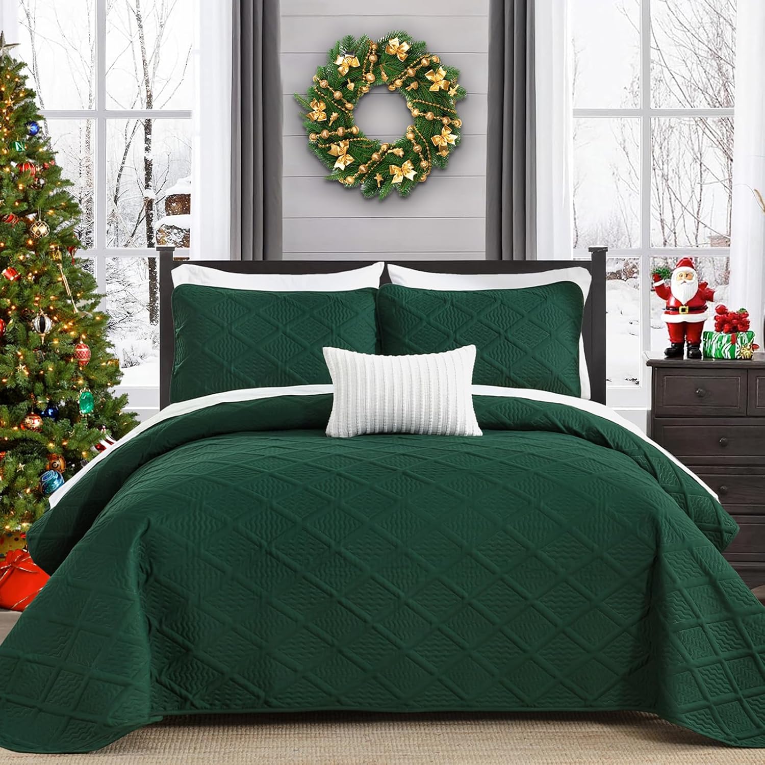 Yiran Christmas Quilts Queen Size, Emerald Green Fall Bedspread Bedding Set, 3 Pieces Diamond Pattern Lightweight Microfiber Coverlet with 2 Pillow Shams for All Season 96x90 Inch
