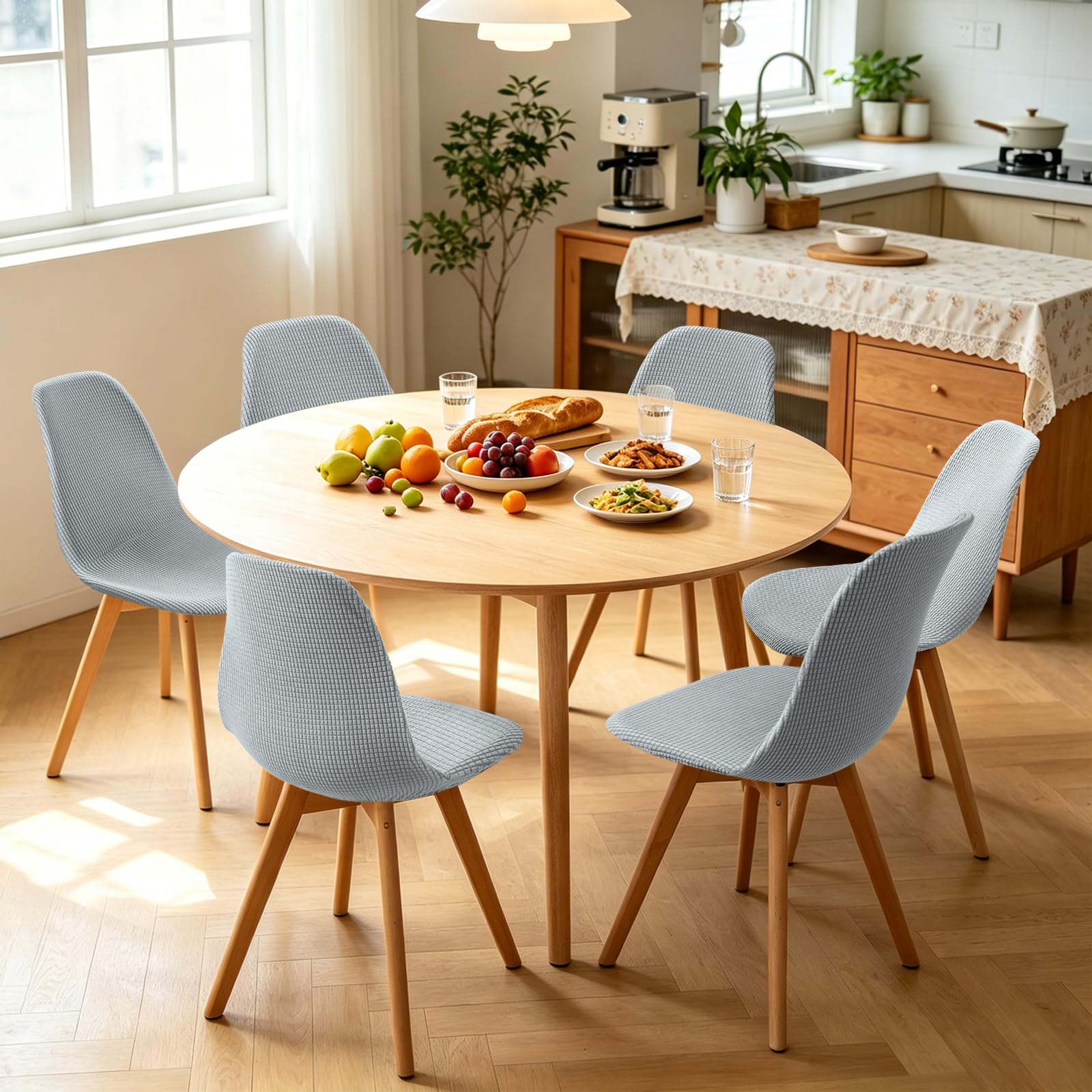 Fuloon Modern Shell Dining Chair Covers Jacquard Elastic, Corn Grain - Light Gray, Set of 4 - Image 4