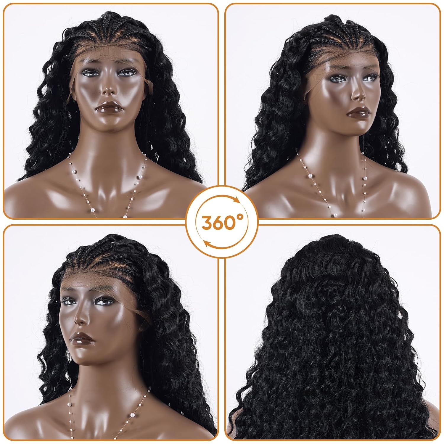 Pre Braided Water Wave Lace Front Deep Wave Ready to Wear and Go Human Hair Half Wig, 27.6in Glueless Synthetic Long Curly Headband Braided Wig for Black Women (Black Braided)
