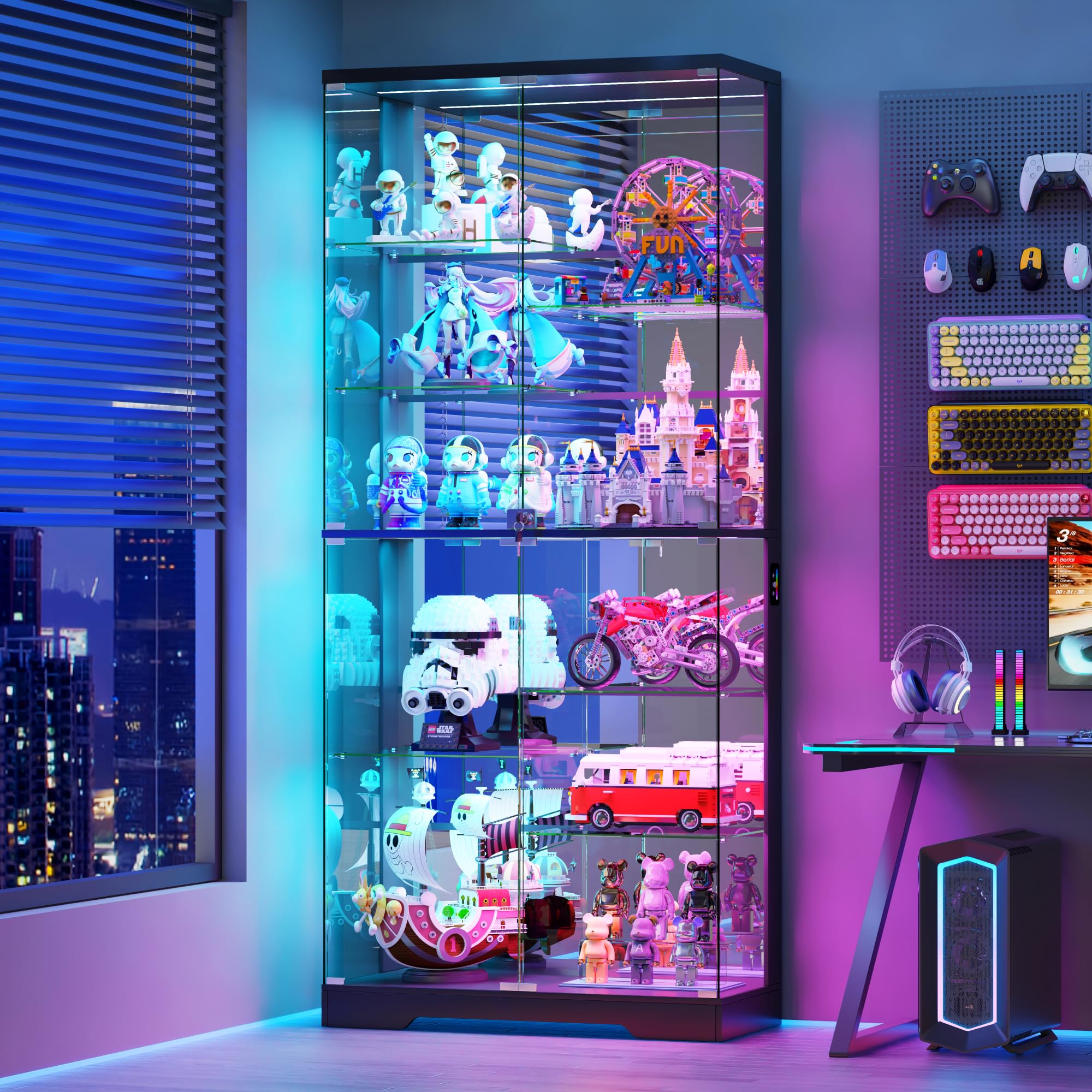 Lvifur Glasvitrine mit LED Beleuchtung und Glastüren für Wohnzimmer Schlafzimmer,35×78×180cm 5-Lagen Vitrinenschrank Vitrine mit Intelligente Sensorik für Sammlerstücke,Wein,Black