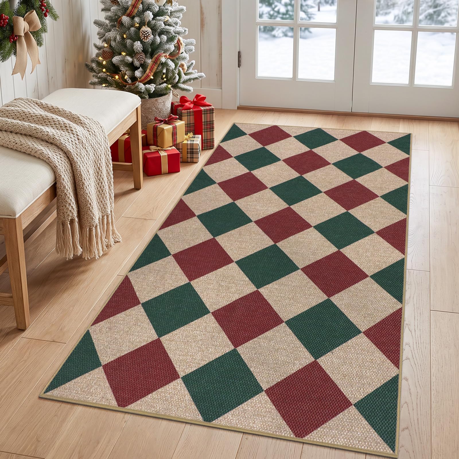 TUKDAK Jute Green Red Christmas Hallway Runner Washable Non Slip 80x150cm — image 1