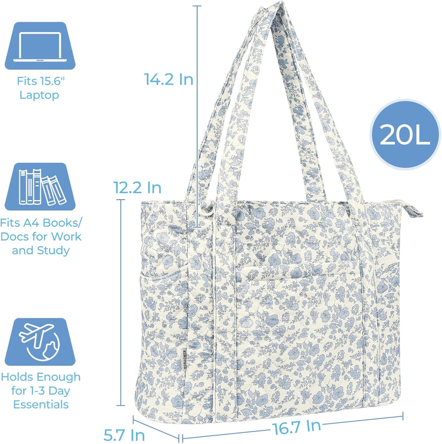 Quilted Tote Bag for Women, Floral Quilted Tote Bag with Zipper, Cute Shoulder Bag for Work, Travel, Gym - Image 2