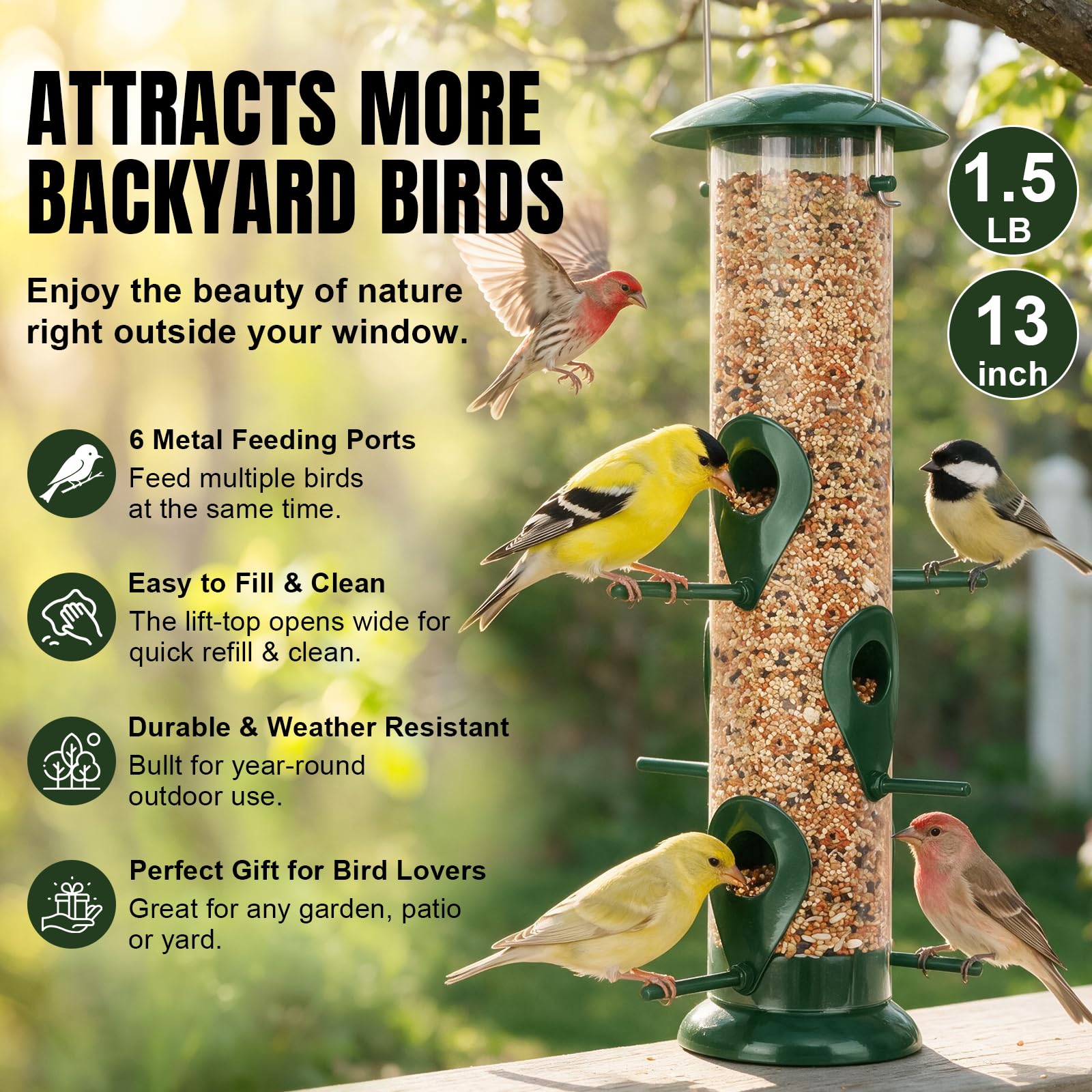 Feed Garden Comederos de pájaros de Tubo de Metal para Colgar al Aire Libre, comedero de pájaros de 6 Puertos para Exteriores, comederos de pinzón para Exteriores, comederos de pájaros a Prueba de