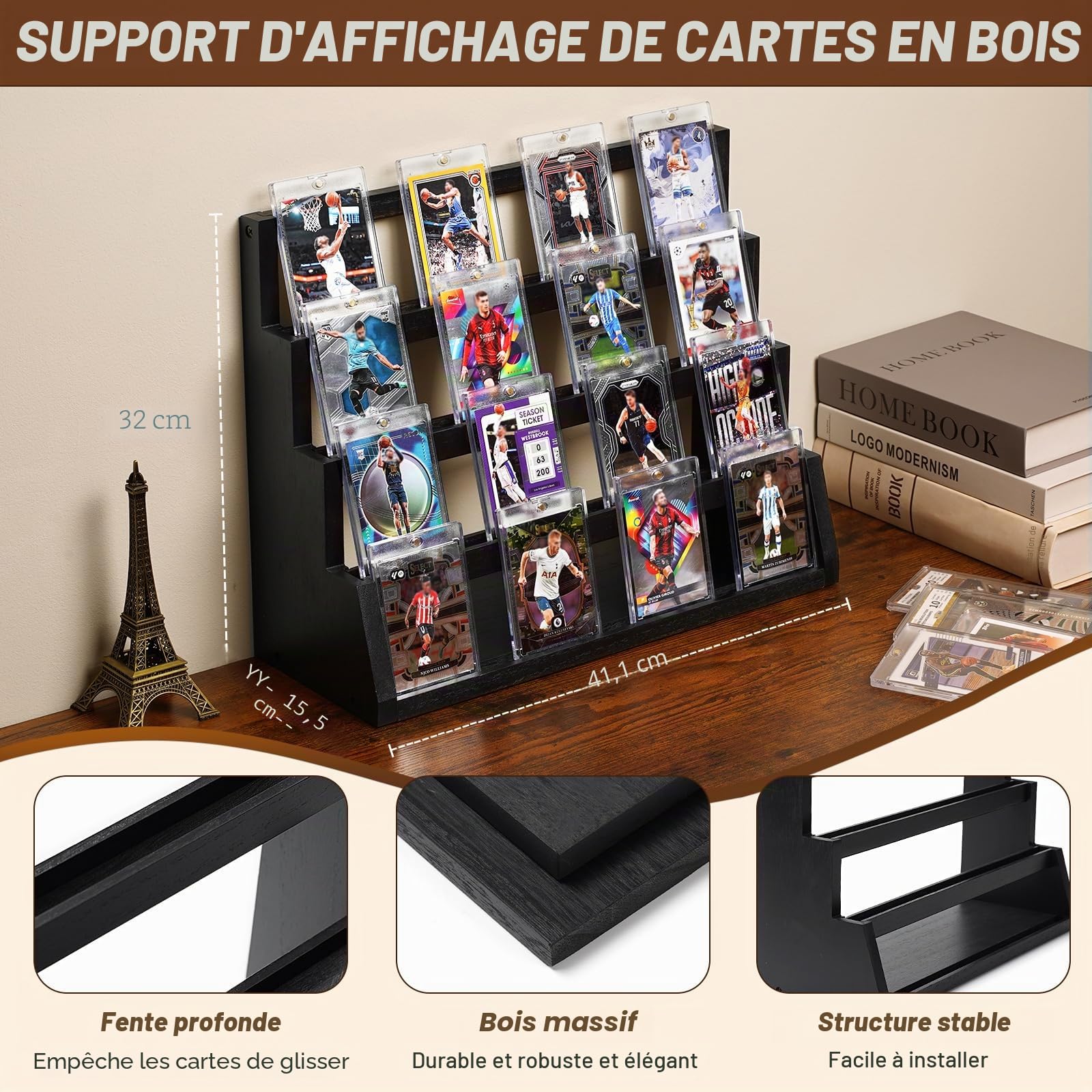 Présentoir de cartes à collectionner en bois à 4 étages - Avec porte-cartes et compartiments réglables - Pour la collecte et l'exposition de cartes de sport - Noir