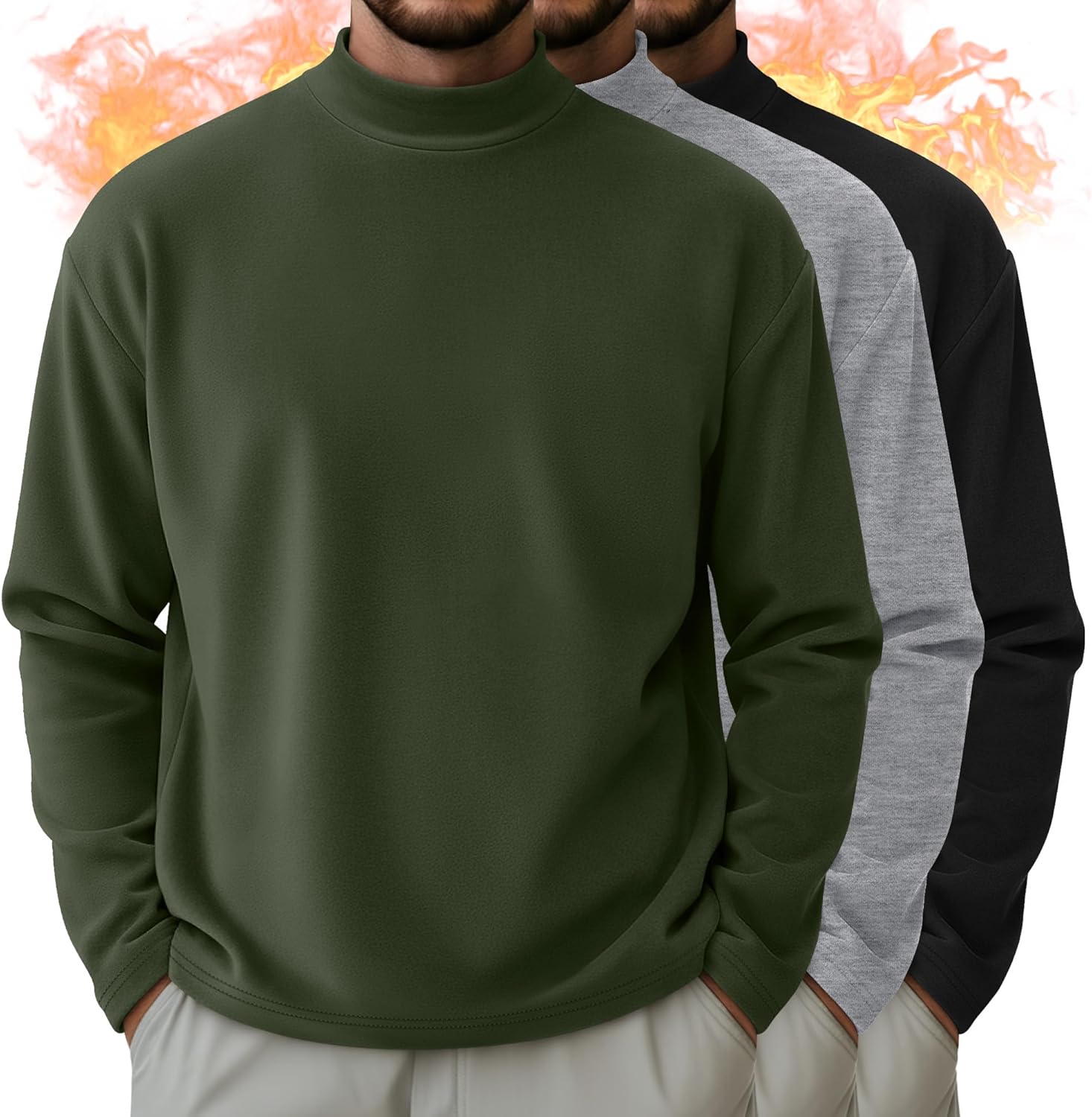 3 Pack Men's Mock Turtleneck Shirts Thermal Long Sleeve Tops Basic Mock Neck Slim Undershirts Pullover Sweaters