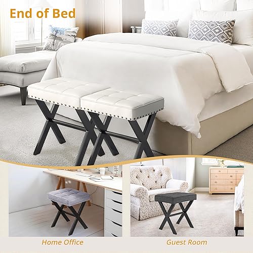 Miniatura 6 de LUE BONA Taburete de tocador blanco, asiento cuadrado de piel sintética con patas en X de metal, pequeña silla otomana para sala de maquillaje, sala