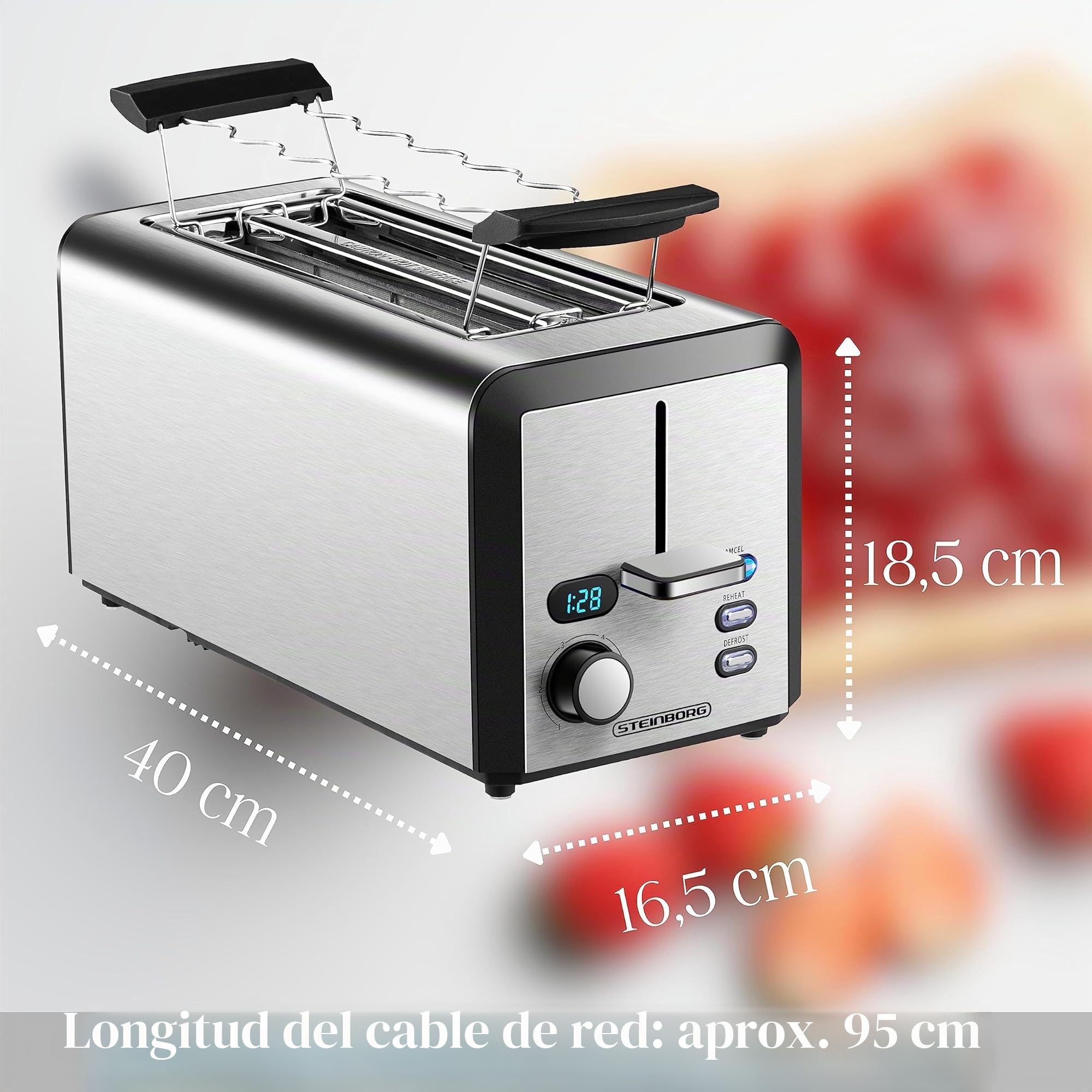 Tostadora XXL | 4 rebanadas | 1500 W | 6 niveles de control | accesorio para panecillos | función de descongelación | bandeja recogemigas | acero inoxidable