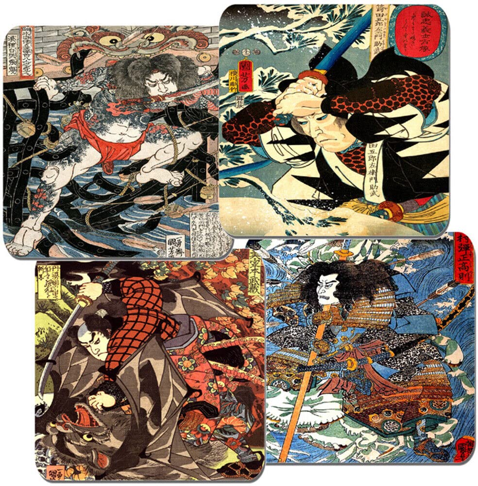 Funkyzilla Utagawa Kuniyoshi Japanese Warrior Coaster Set Of 4. Samurai Ukiyo-E Wood Block Paintings. Cork Backed